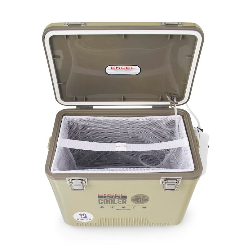 Engel 19 Quart Portable Insulated Live Bait Fishing Dry Box 32 Can Hard Airtight Cooler with Water Speed Aerator Pump and Removable Pull Net, Tan