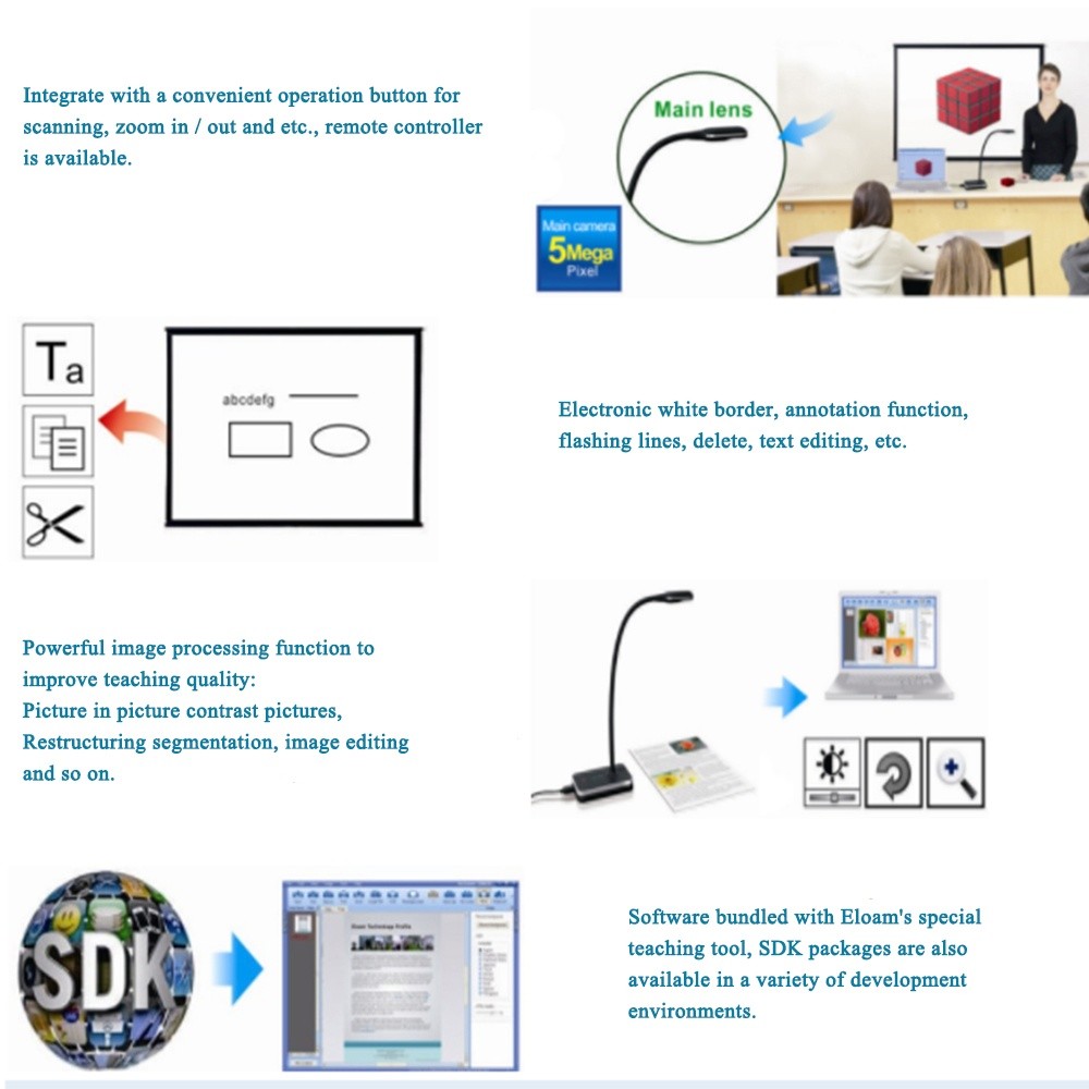 Eloam VH800AF 5MP A4 gooseneck design HD COMS flexible USB document camera Scanner visualizer autofocus OCR PDF