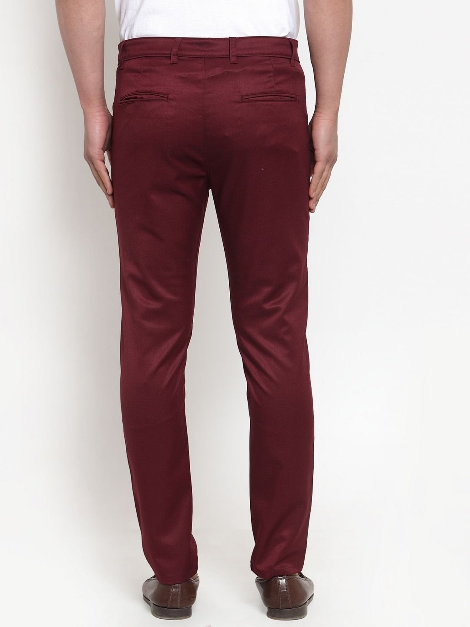 Jainish Maroon Cotton Tapered Fit Flat Front Trousers