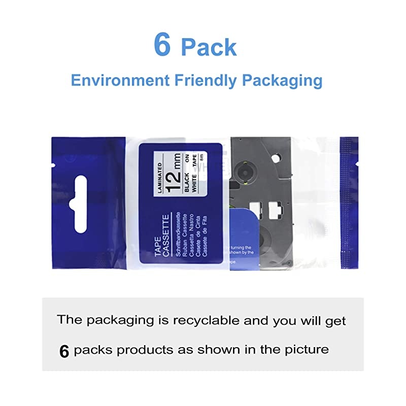 Laminated 12mm Label Tape 6 Pack  Replace with Brother P Touch Tape TZ TZe231 Black on White 047 inch to use with PTouch Cube D600 H110 D210 Labeller 262 ft Roll