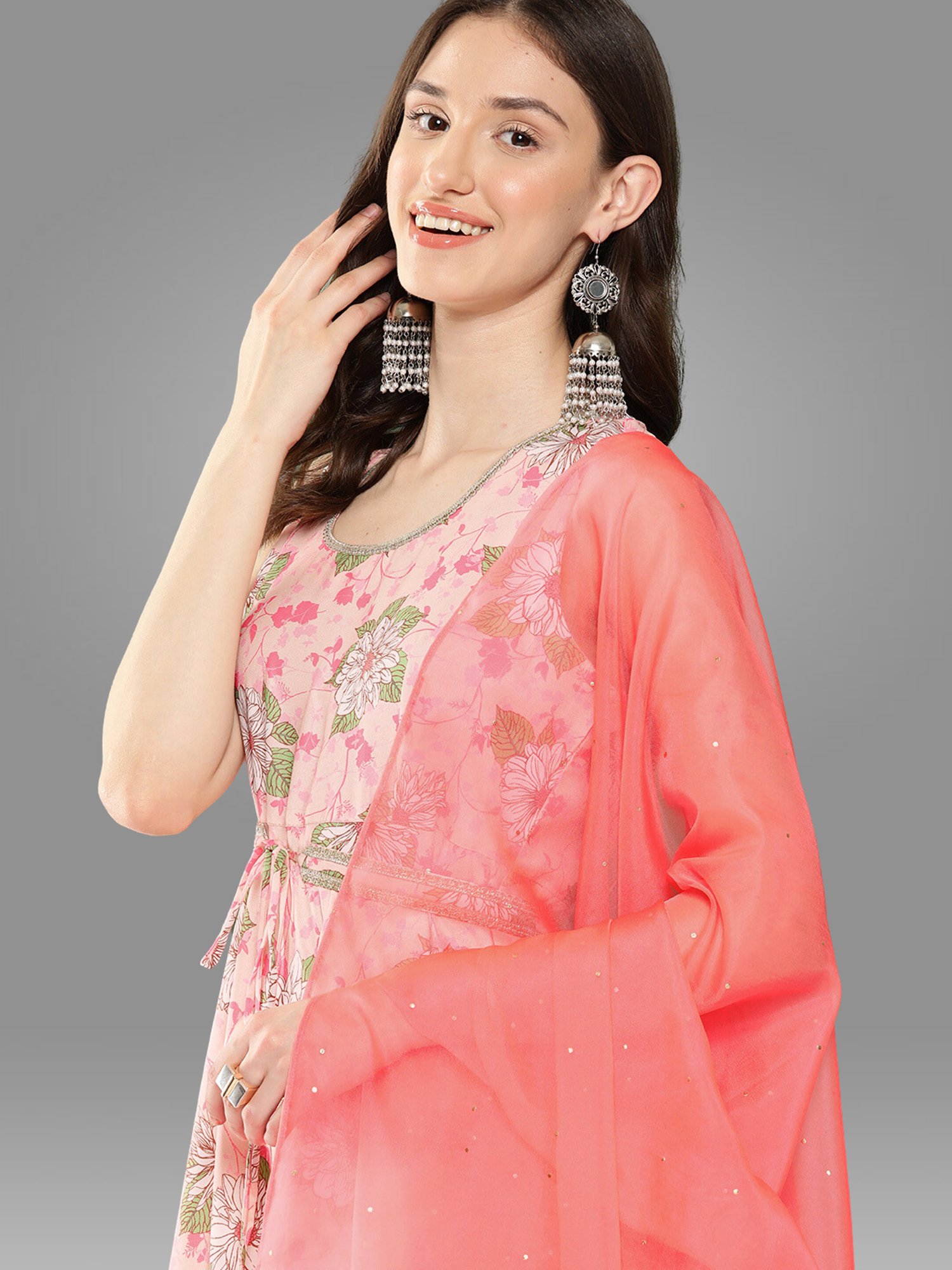 Janasya Peach Floral Print Kurta With Pant & Dupatta