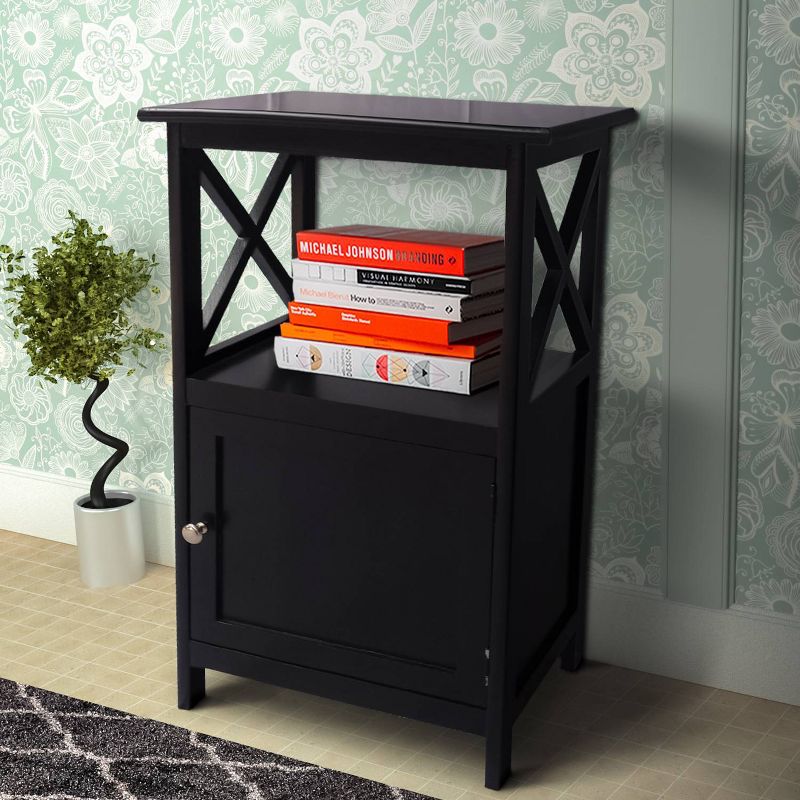 28.74" Single Door Wooden Storage Cabinet with Open Shelf and X Side Panels Black - The Urban Port