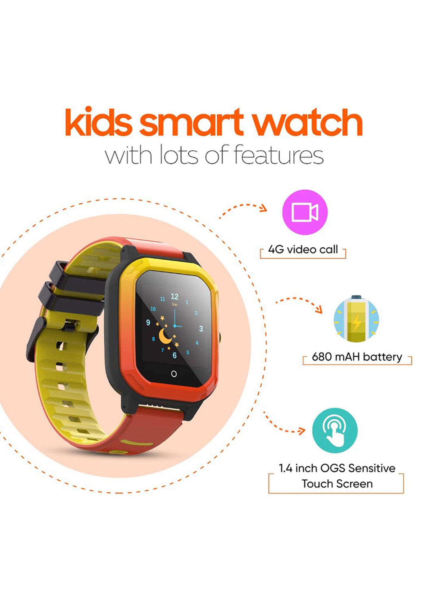 Turet Smartwatch for Kids with HD Display, Camera, SOS Button, Phone & Video Calling (Multicolor)