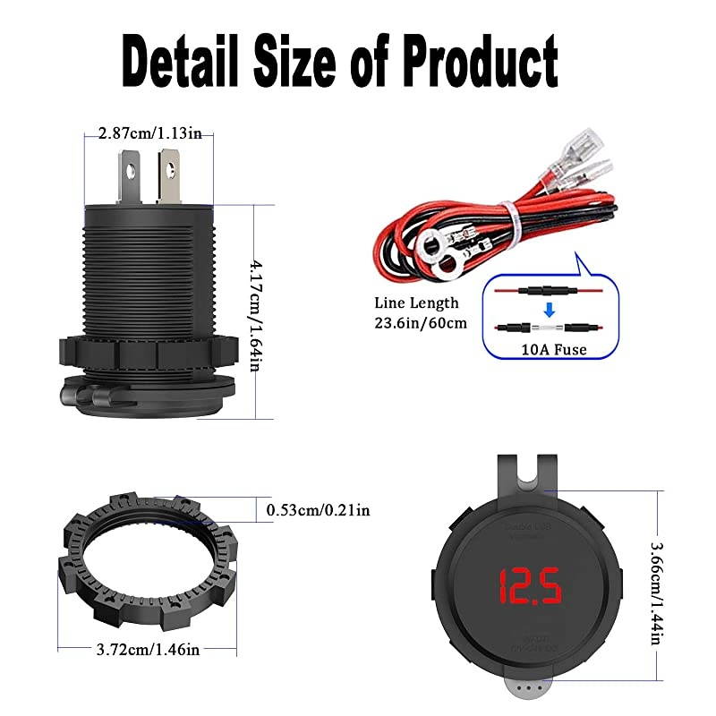 Charge 30 Dual USB Outlet 12V24V USB Car Charger with OnOff Touch Switch and LED Digital Voltmeter Waterproof Car Socket for Car Marine Boat Motorcycle Truck and More