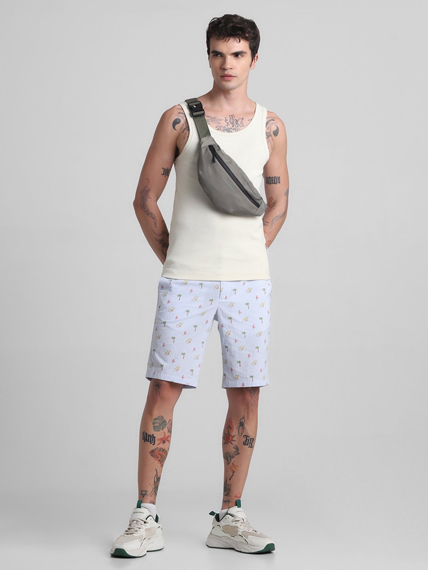 Jack & Jones Light Blue Regular Fit Striped Cotton Shorts