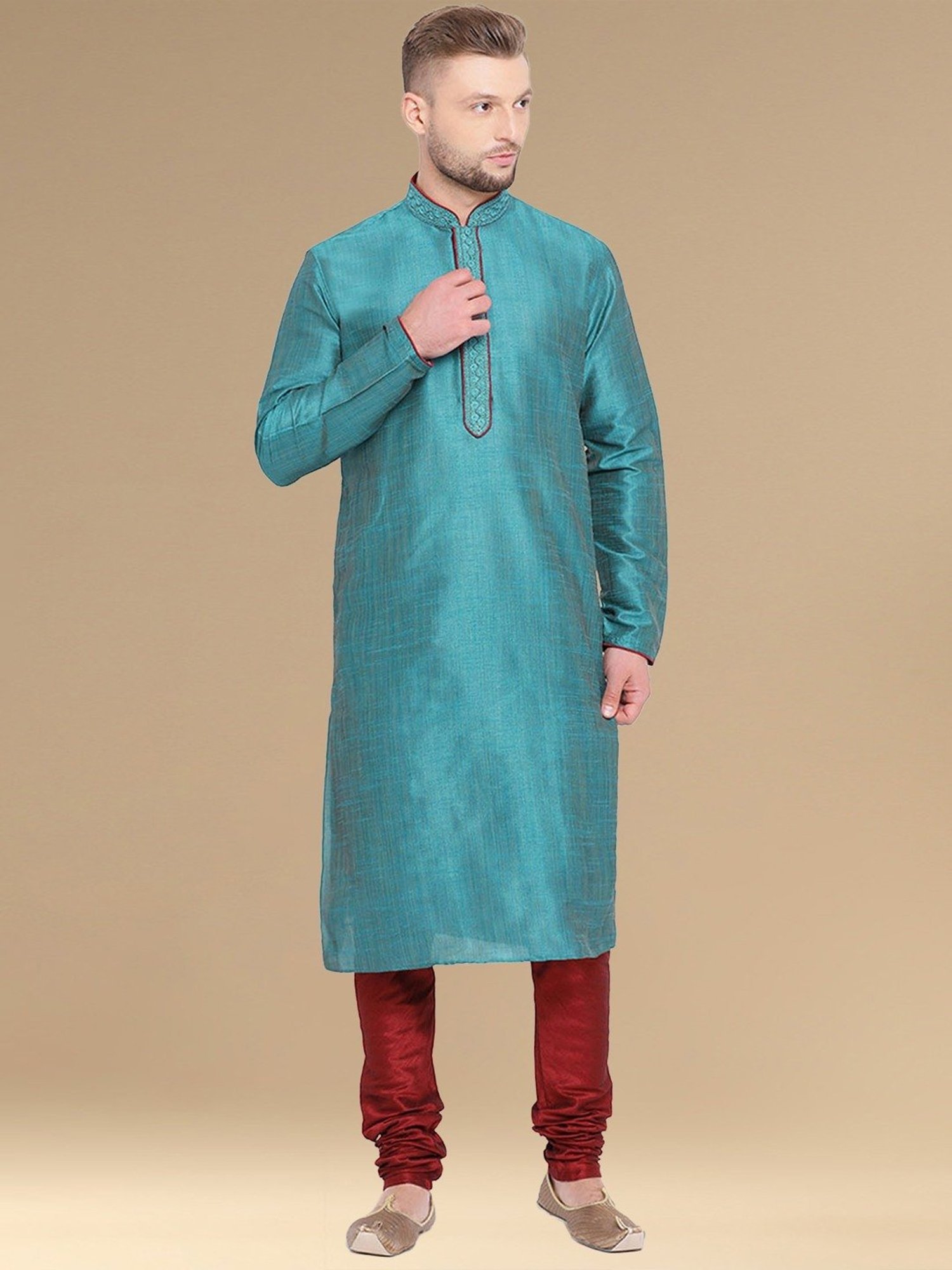 Sanwara Firozi & Red Cotton Regular Fit Texture Kurta Bottom Set
