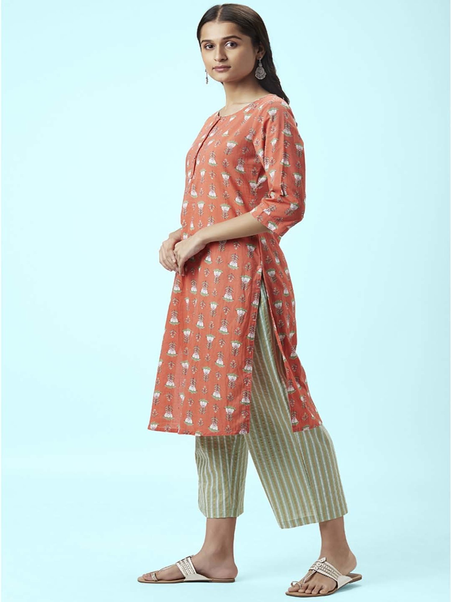 Rangmanch by Pantaloons Peach & Green Cotton Floral Print Kurta Palazzo Set