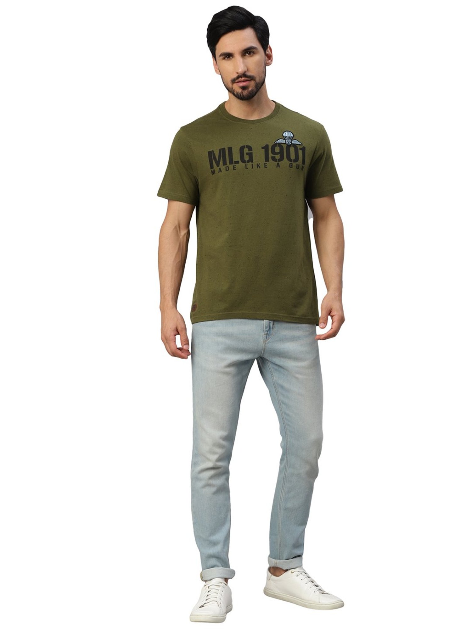 Royal Enfield Military Pride Olive Regular Fit Printed Crew T-Shirt