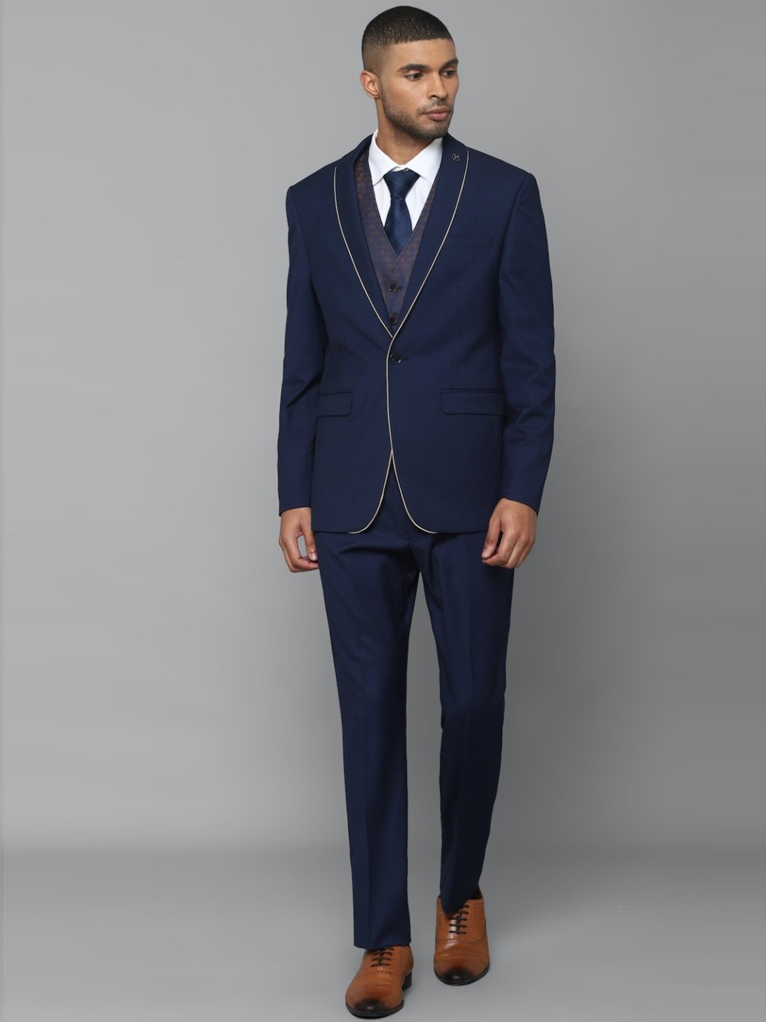 Allen Solly Navy Slim Fit Printed Three Piece Suit