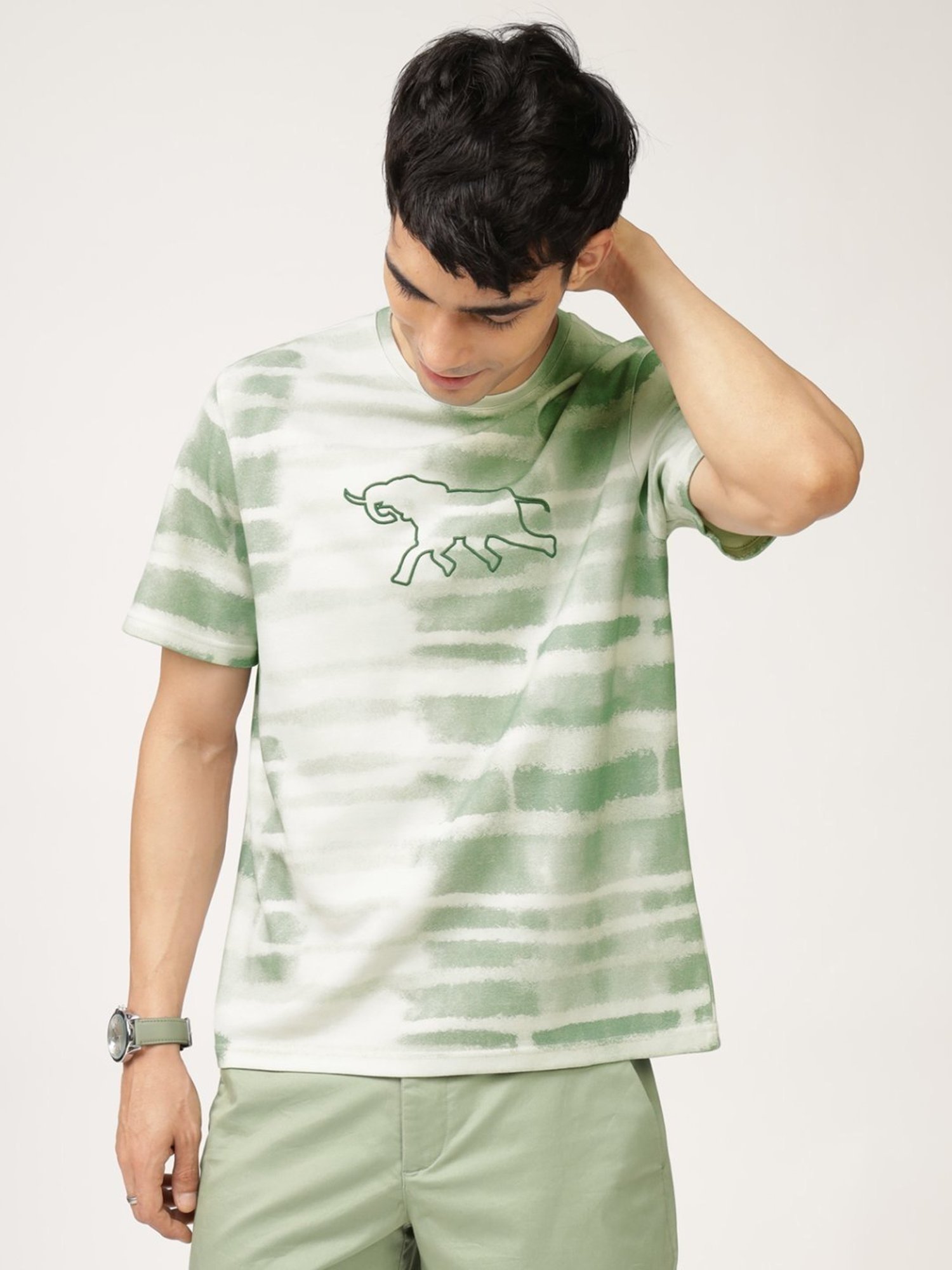 Andamen Green Cotton Regular Fit Printed T-Shirt