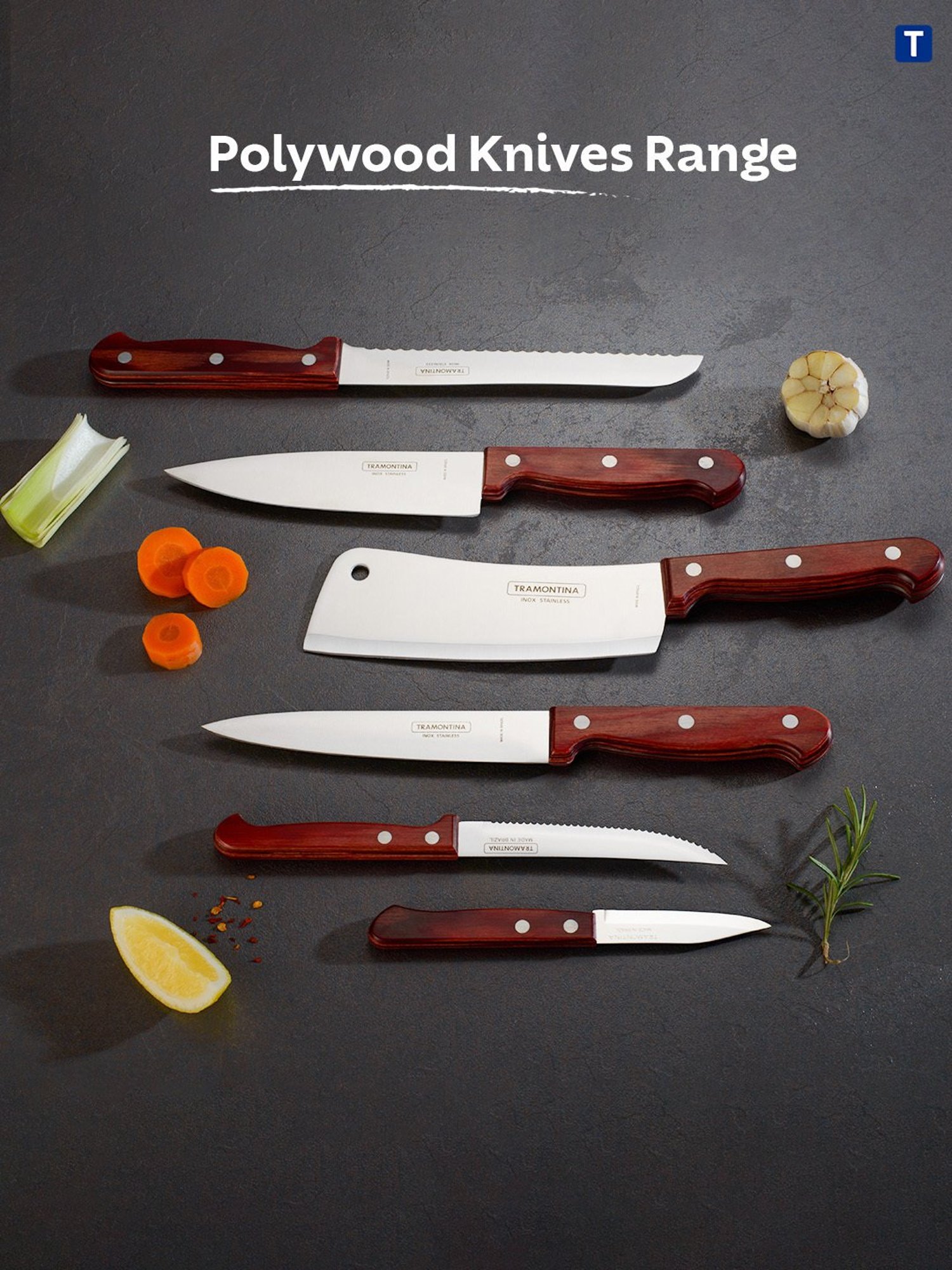 Tramontina Polywood Stainless Steel Fruit Knife 4" Serrated Edge Polywood Handle Kitchen Knife