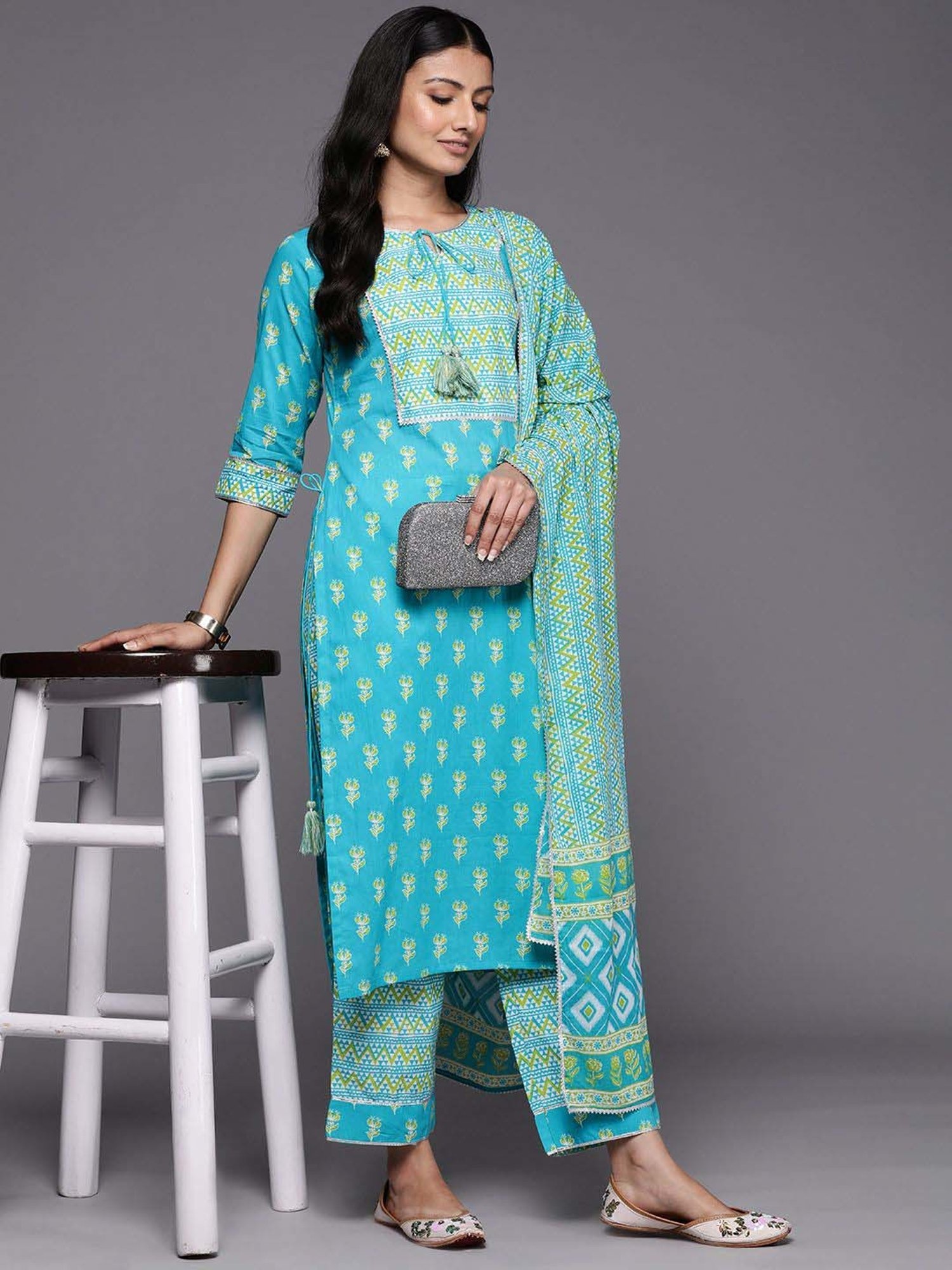 Libas Blue Cotton Printed Kurta Pant Set With Dupatta