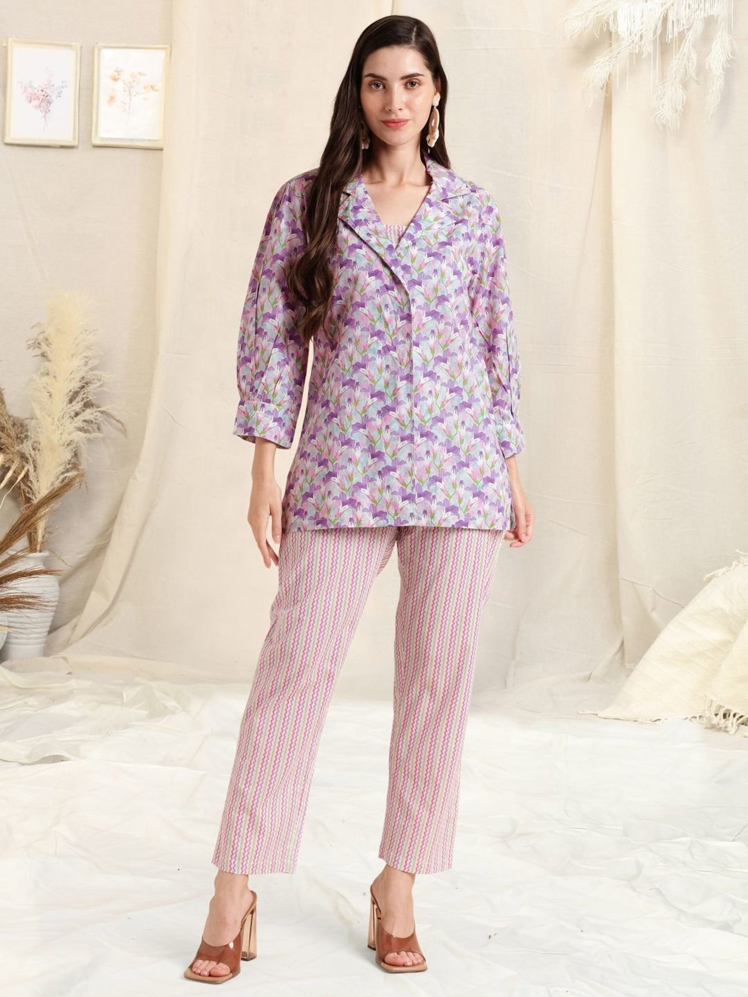 MIRCHI FASHION Purple Cotton Printed Top Pant Set With Jacket
