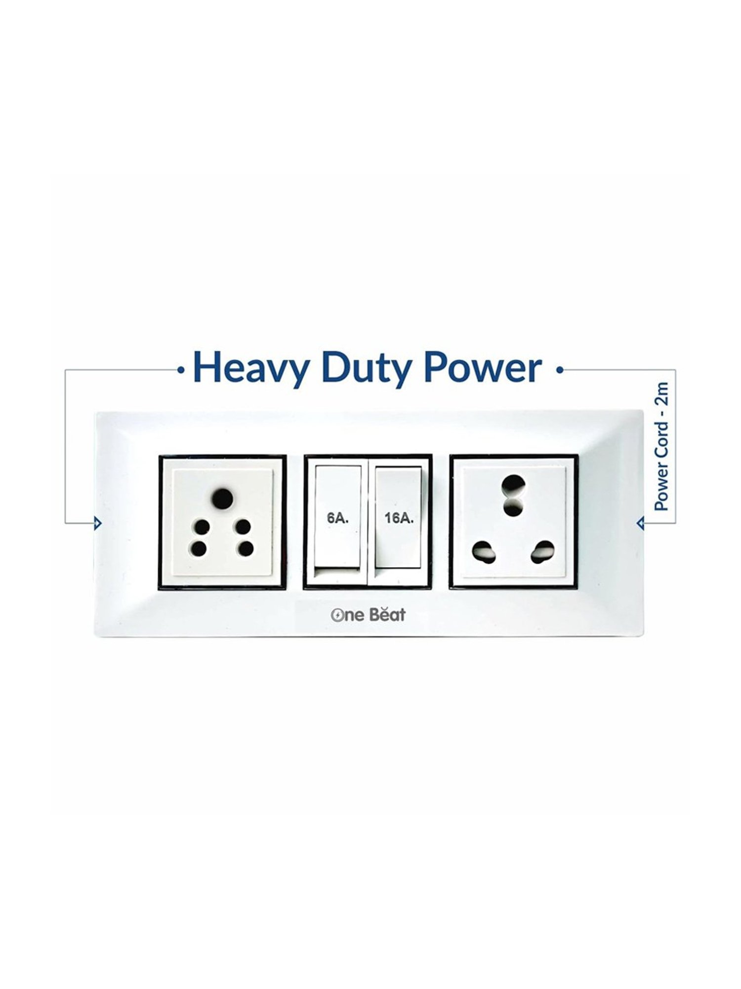One Beat Extension Board with 2 Socket, One 6A & One 16A Socket with 2 Meter Power Cord (White)