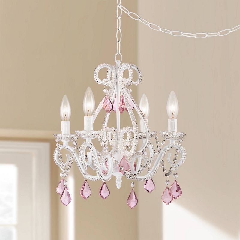 Regency Hill White Plug In Swag Chandelier 16" Wide Country Cottage Pink Crystal Scroll 4-Light Fixture Dining Room House Kitchen
