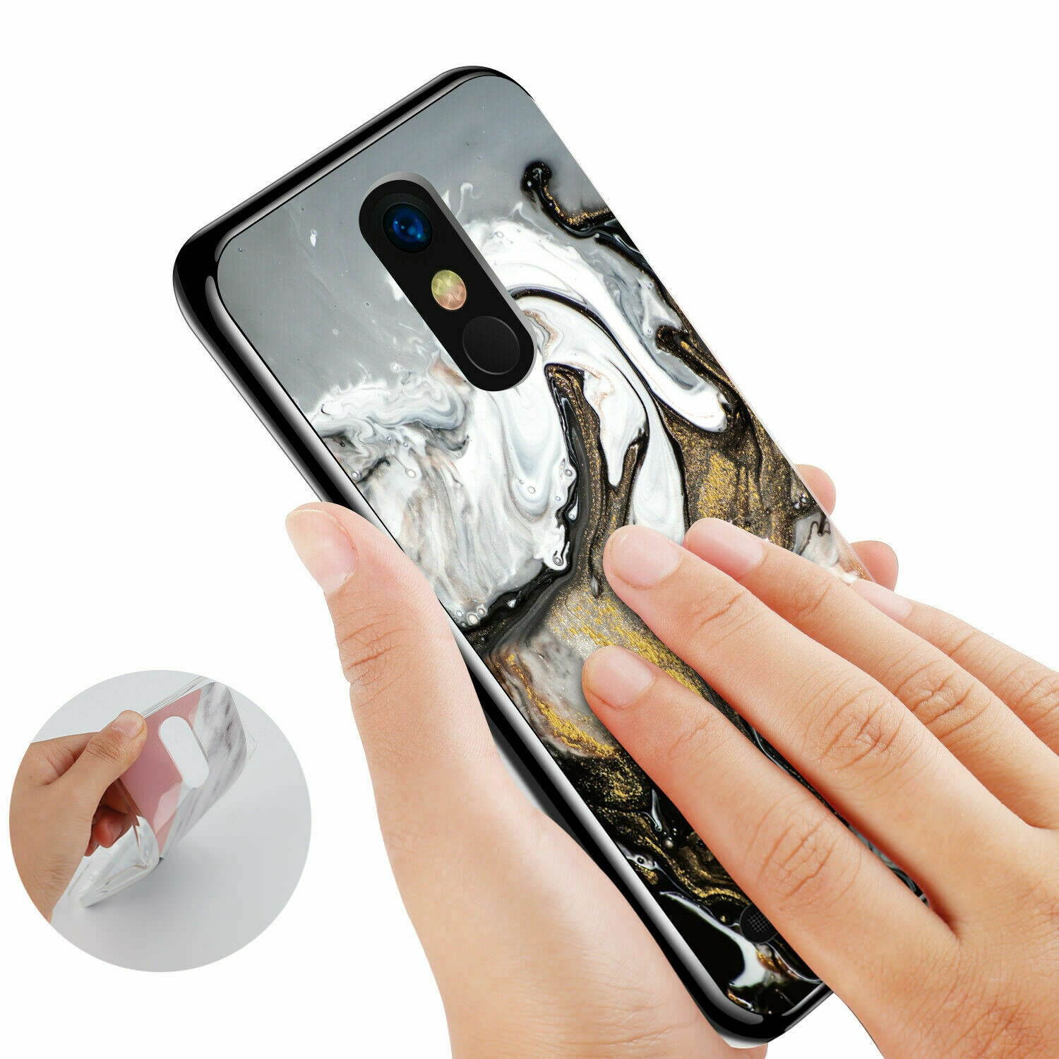 For LG Rebel Phoenix 4 Aristo 2/3 Plus Case Marble Glitter TPU +Tempered Glass