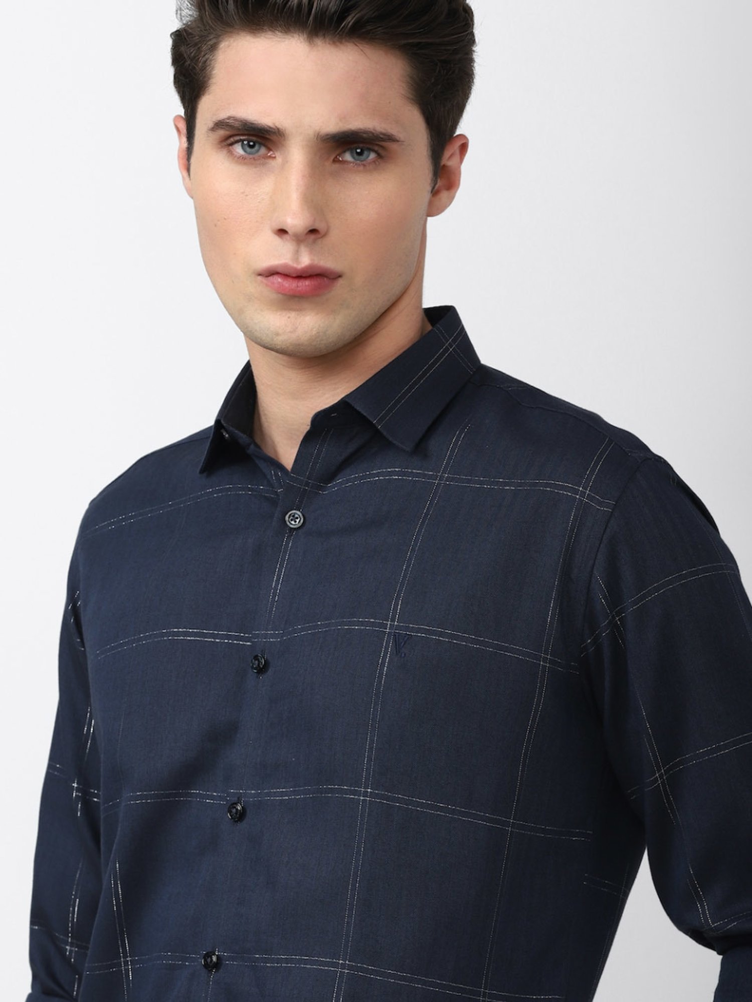 V Dot Navy Cotton Slim Fit Checks Shirt