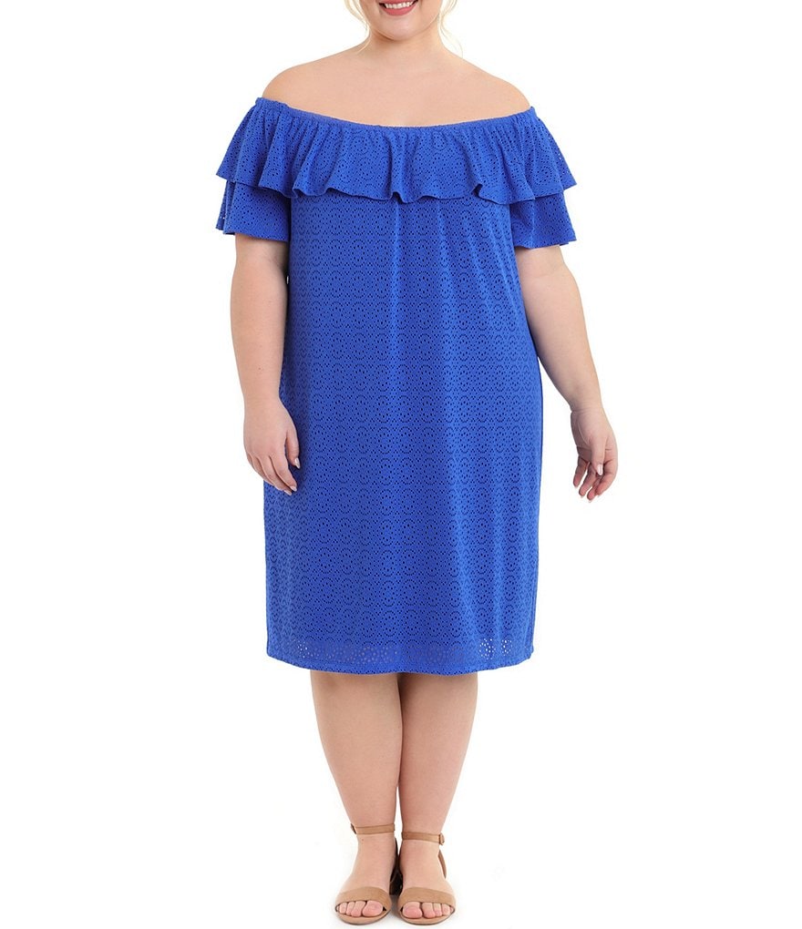 London Times Plus Size Off-the-Shoulder Short Sleeve Eyelet Shift Dress