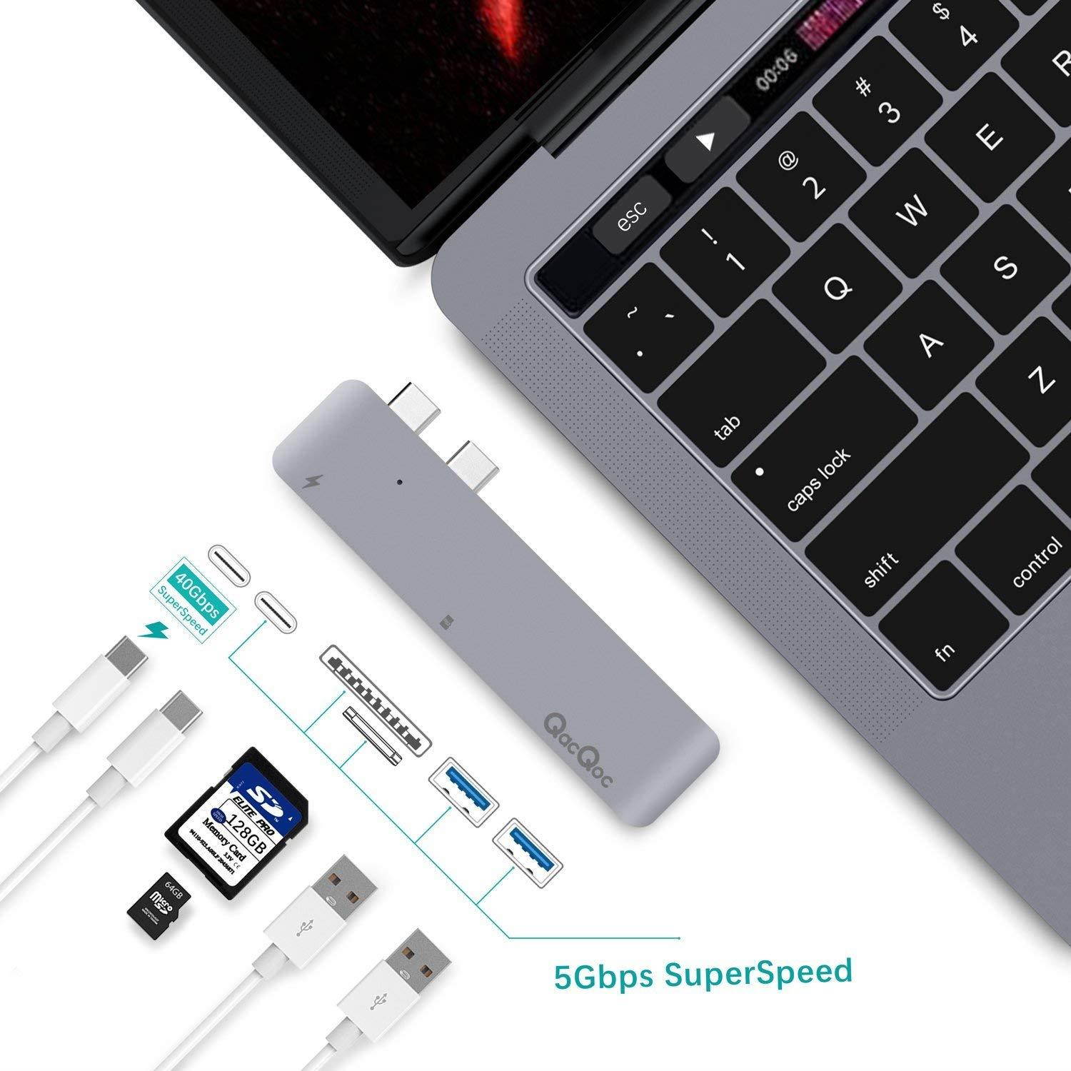 QacQoc USB C Hub, Aluminum USB Type-C Adapter with 40Gbs Thunderbolt 3,Type C Data Transfer,SD/Micro Card Reader and 2 USB 3.0 Ports,Compatible with 2016/2017/2018 MacBook Pro 13" and 15" (28A Grey)