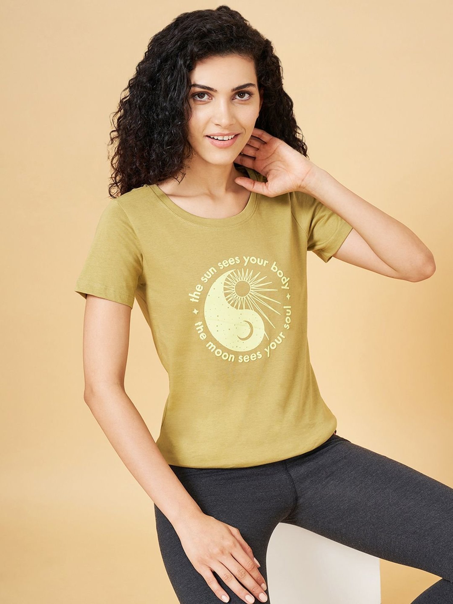 Ajile by Pantaloons Olive Green Cotton Graphic Print Sports T-Shirt