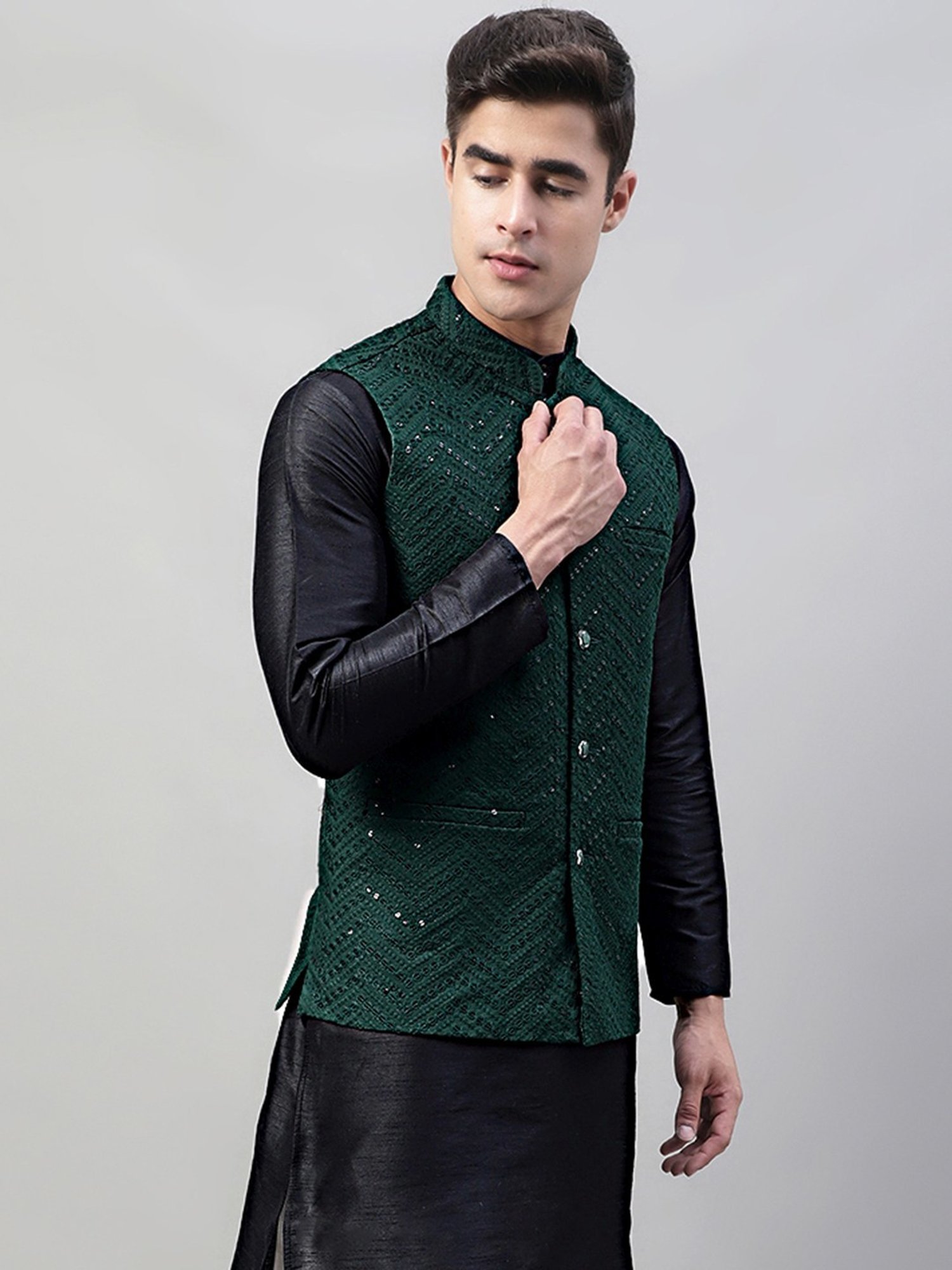 Jompers Olive Regular Fit Embroidered Nehru Jacket