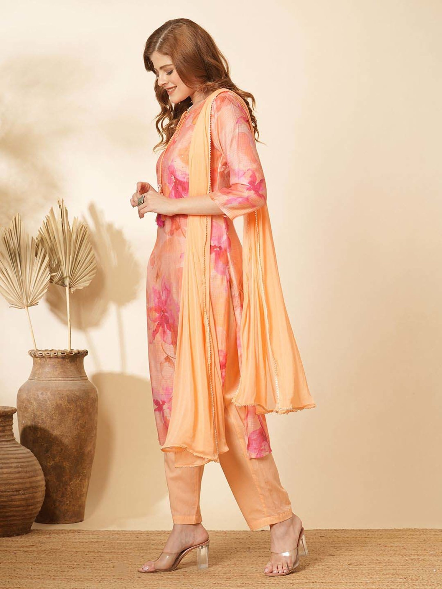 Fashor Peach Floral Print Kurta & Pant Set With Dupatta