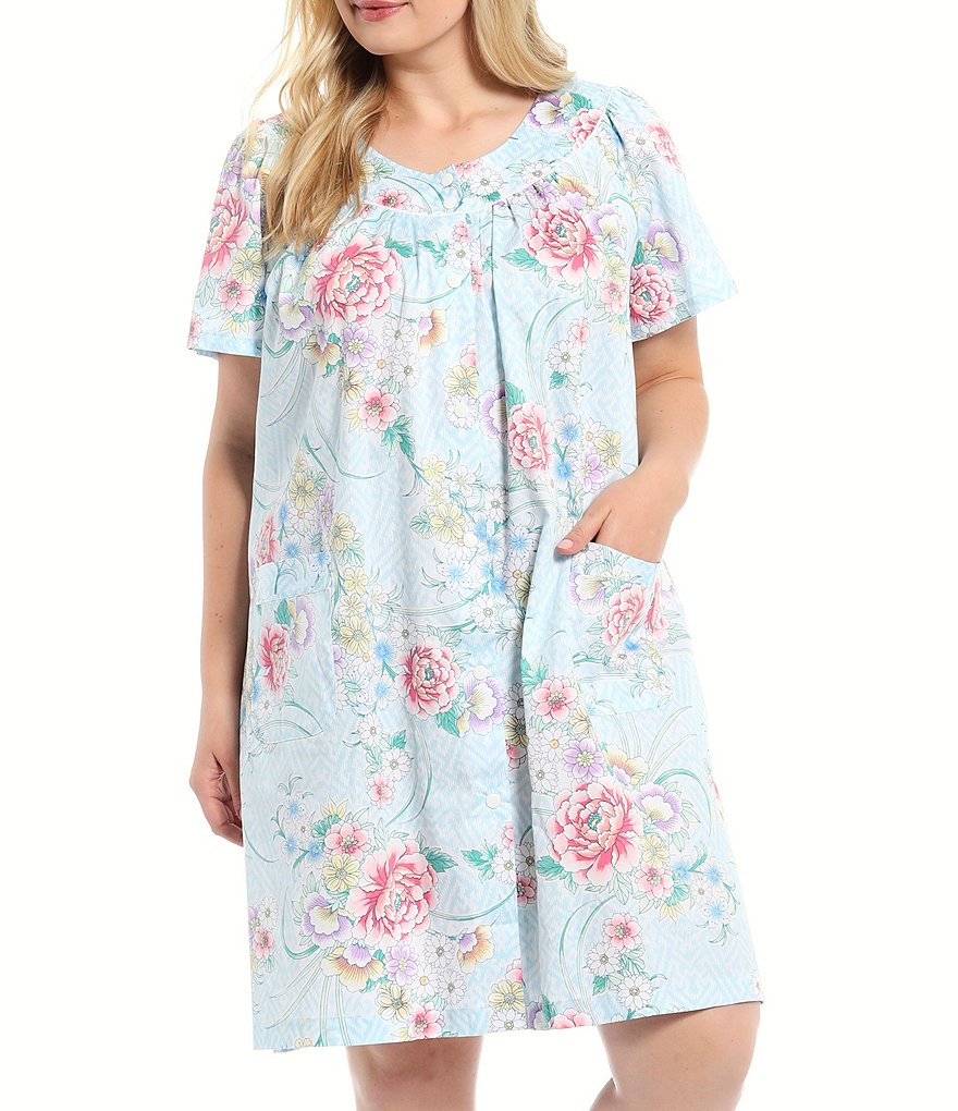 Kate Landry Plus Solid V-Neck Sleeve Midi Lounge Dress