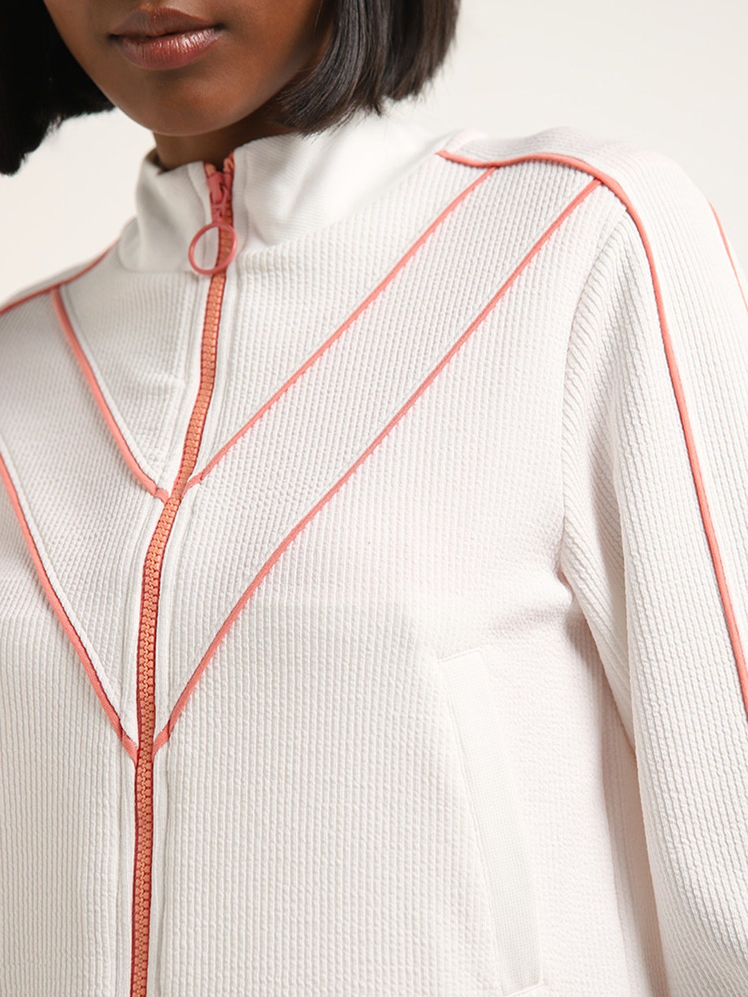 Studiofit by Westside White Contrast-Detailed Ribbed Jacket