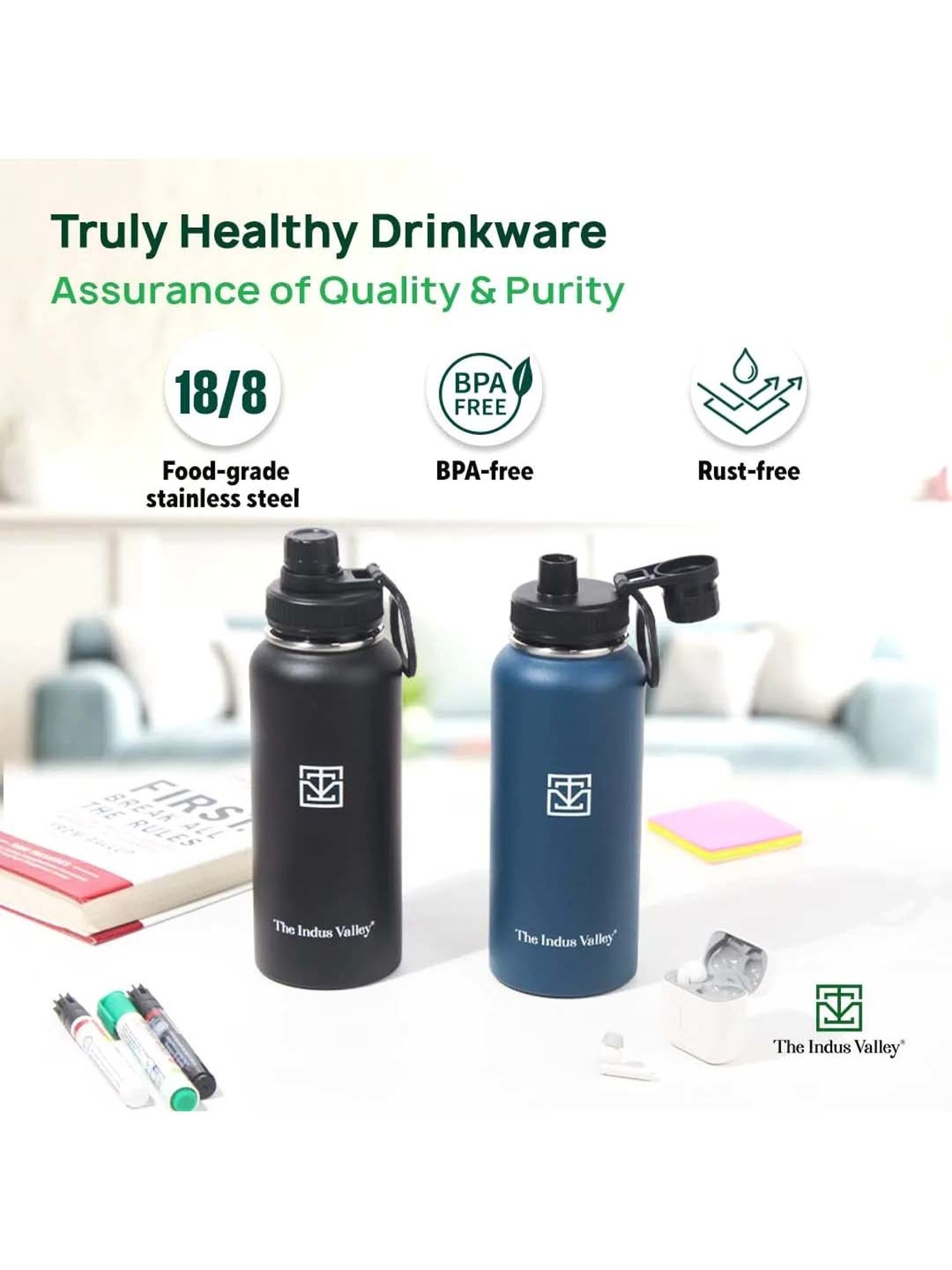 The Indus Valley Black Stainless Steel Vaccum Insulated Double-Walled Bottle Flask (1 L)