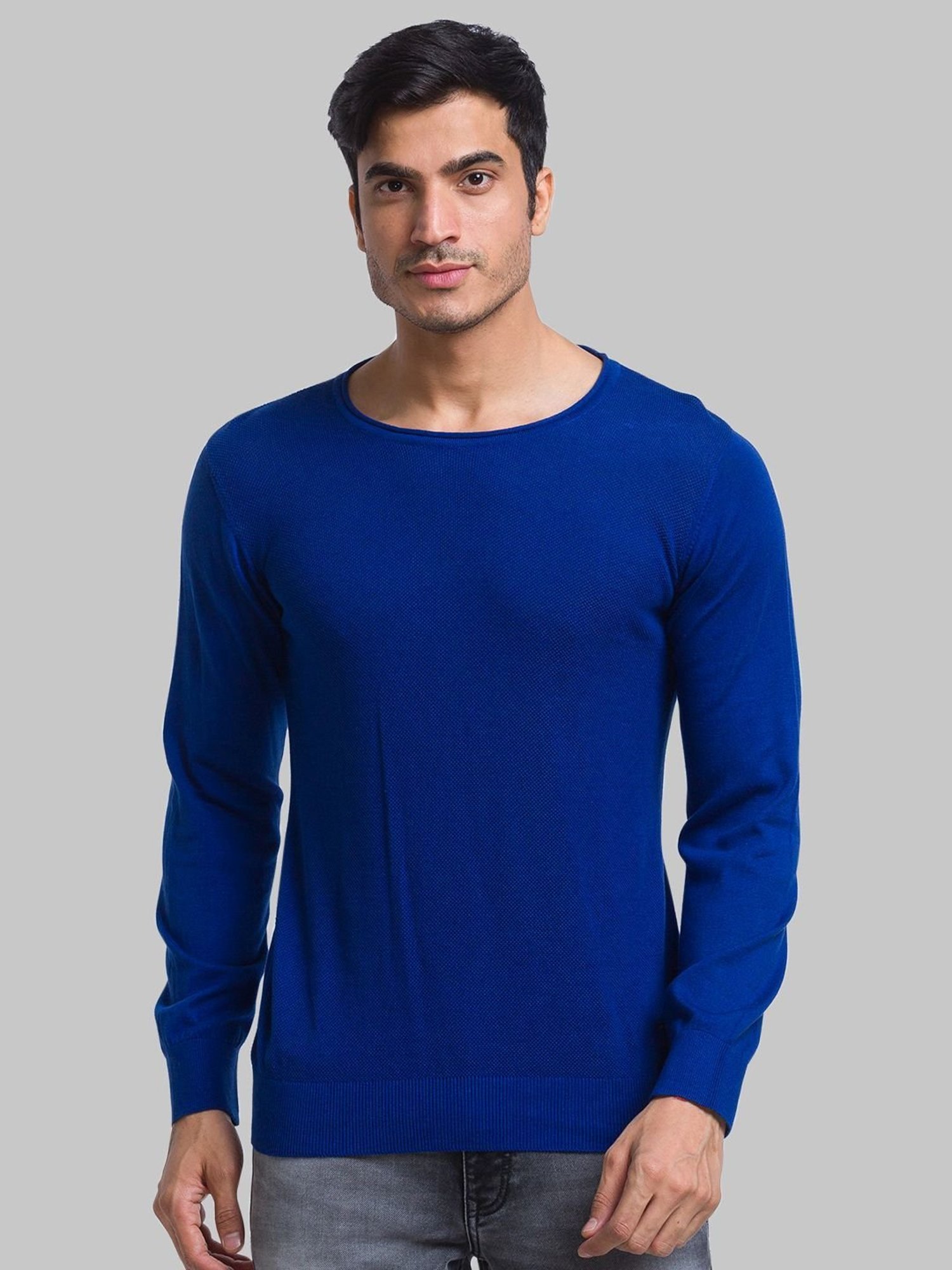 Parx Blue Cotton Regular Fit Sweater
