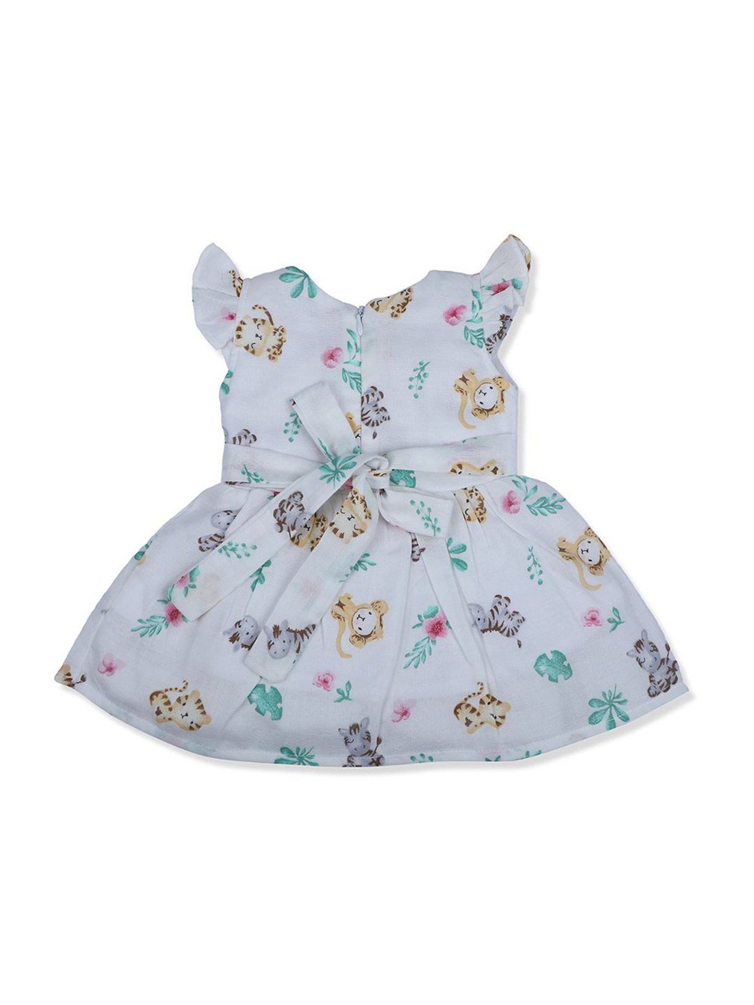 Baby Moo Kids White & Green Printed Dress
