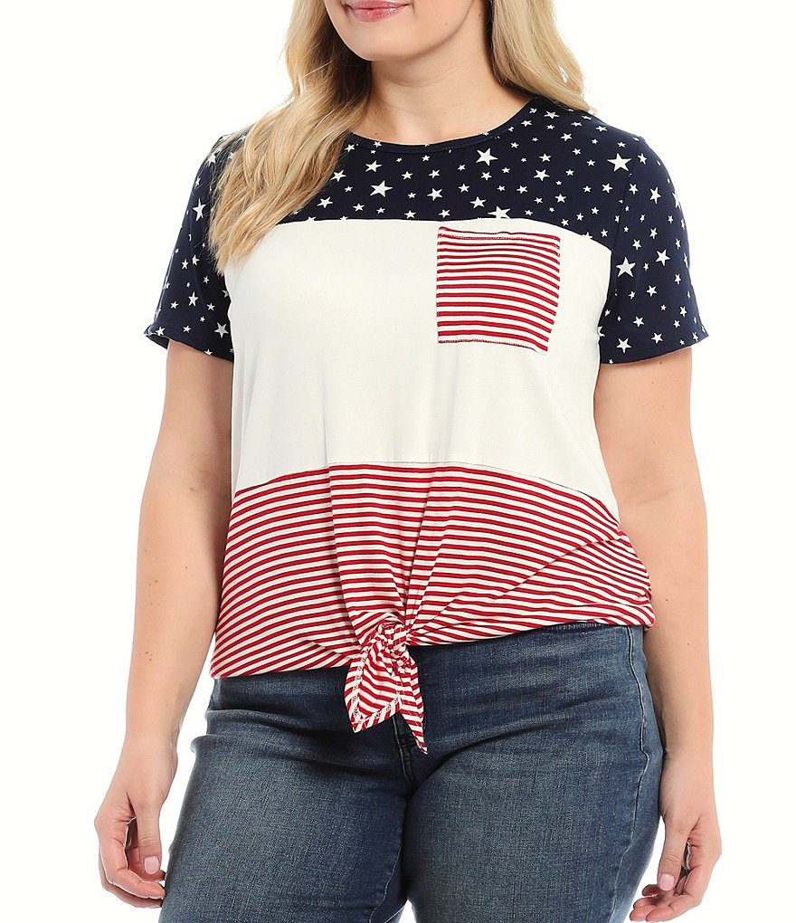 Moa Moa Plus Size Americana Colorblock Tie-Front Pocket Crew Neck Short Sleeve Tee