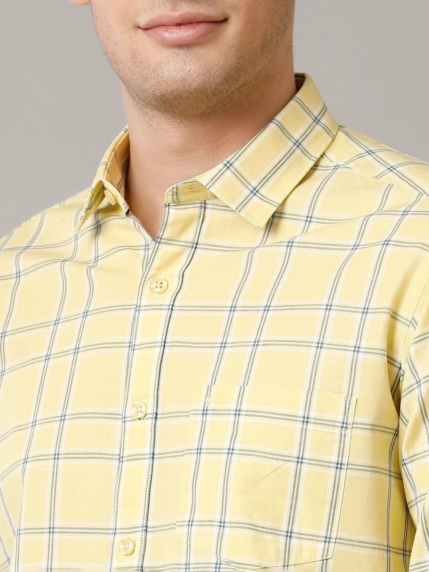 Cavallo By Linen Club Yellow Linen Contemporary Fit Checks Shirt