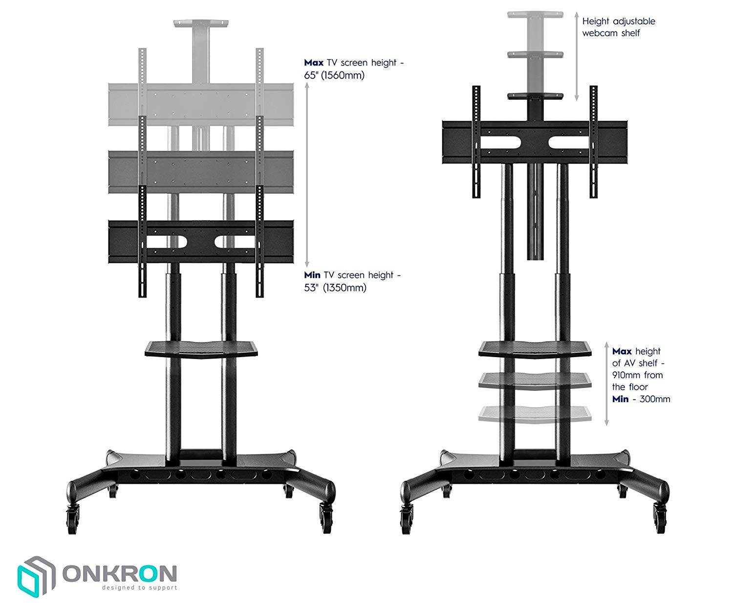 ONKRON Mobile TV Stand with Wheels Rolling TV Cart for 55 to 80 Inch LCD LED Flat Panel TVs (TS1881)