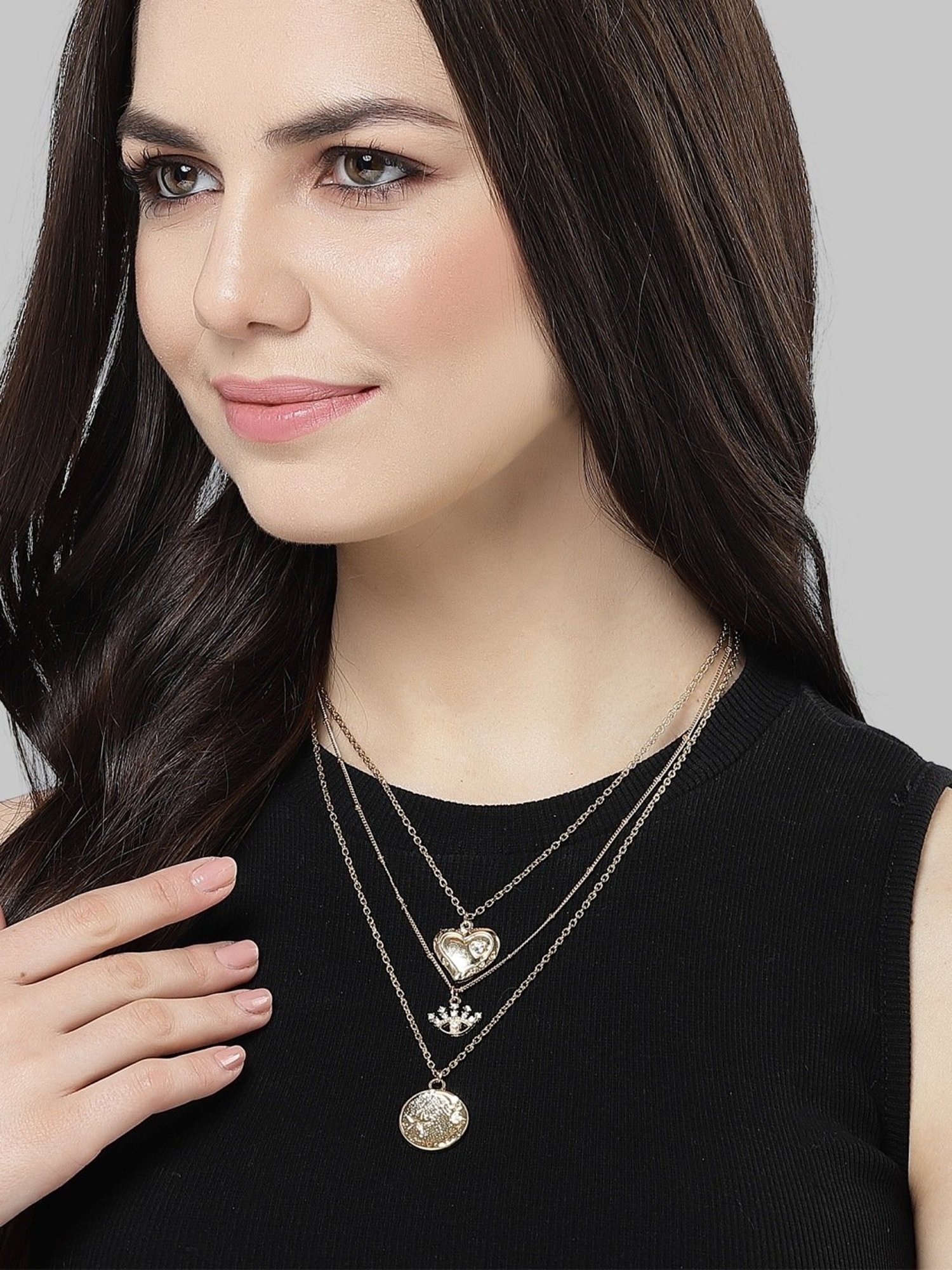 Karatcart Golden Heart and Eye Multicharm Multilayered Chain Women