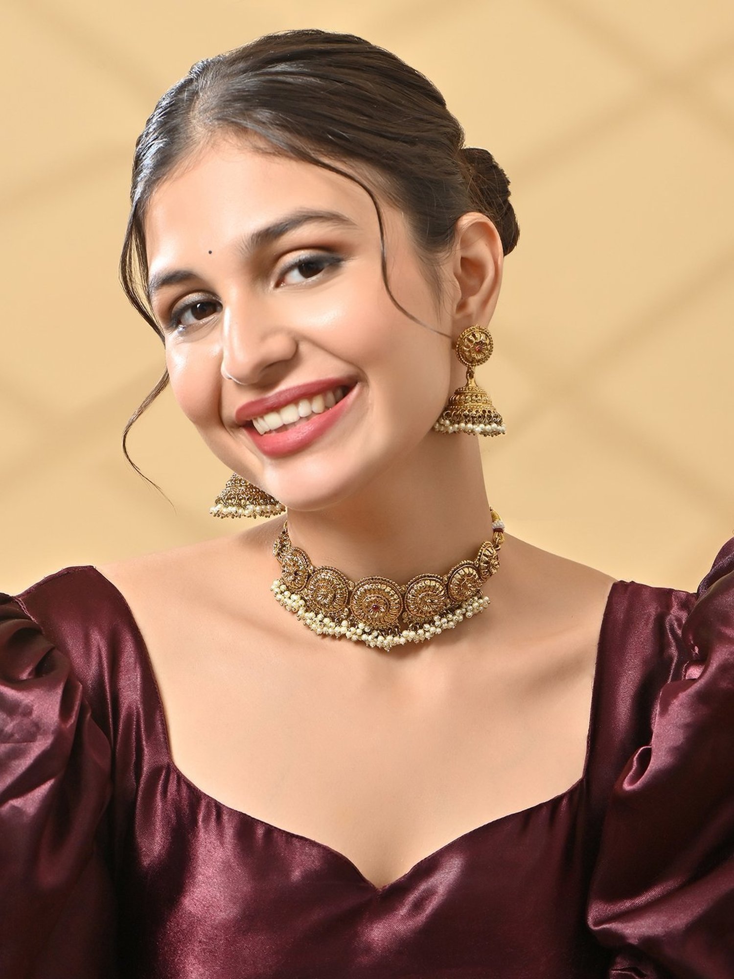 Fida Mehendi Gold Temple Necklace & Earrings Set for Women