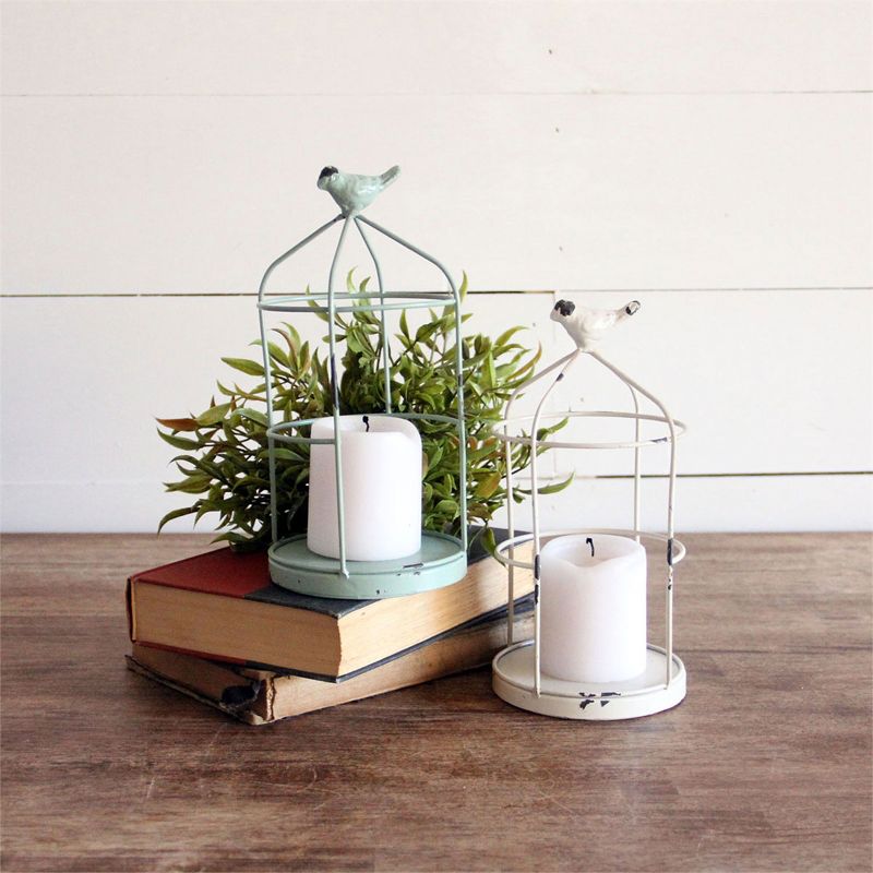 Set of 2 Rustic White and Mint Metal Wire Cage and Bird Pillar Candle Holders - Foreside Home & Garden
