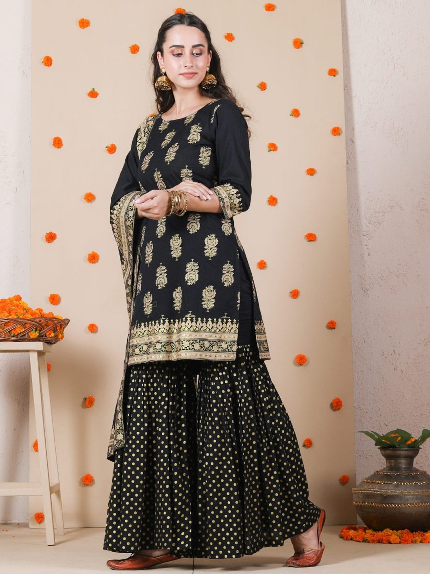 Rustorange Black Printed Kurti Sharara Set With Dupatta