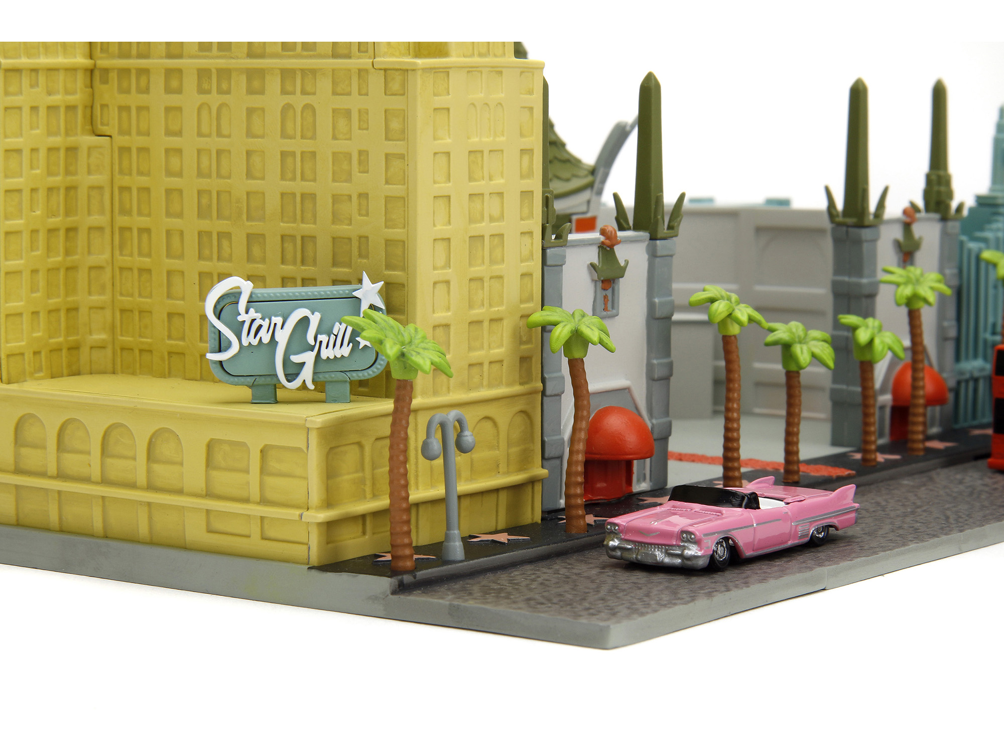 "Hollywood 100" Walk of Fame Diorama with Pink Convertible and Double-Decker Bus "Nano Scene" Series model by Jada