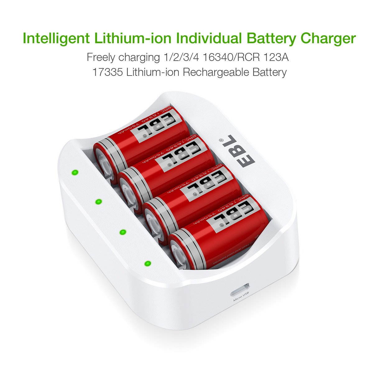 EBL  12PCS RCR123A 16340 Li-ion Battery + Smart 4 Slots Battery Charger for 16340 RCR123A Rechargeable Batteries