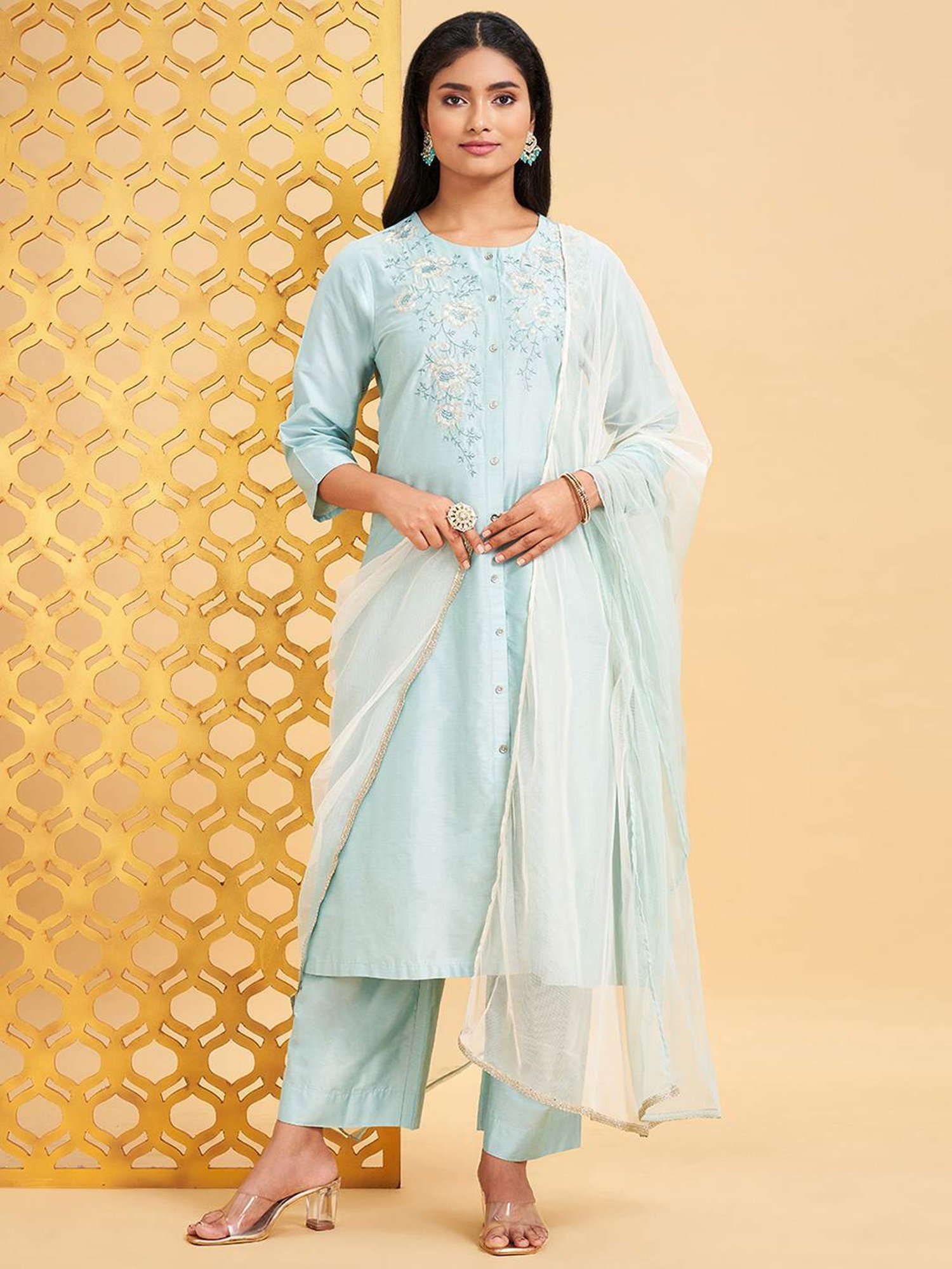 Rangmanch by Pantaloons Canal Blue Embroidered Kurta Palazzo Set With Dupatta