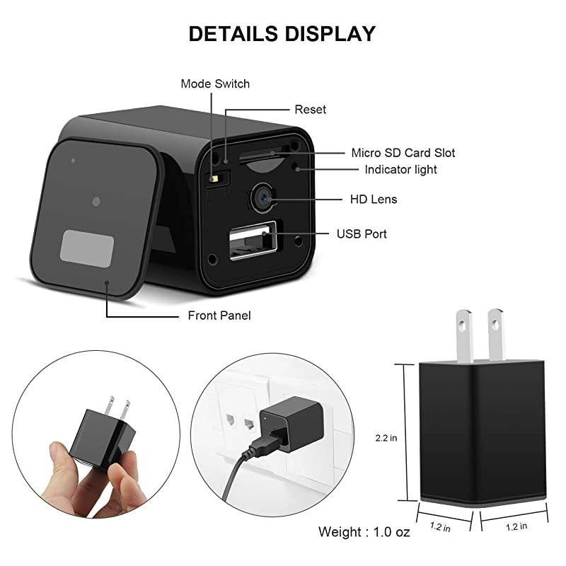Camera Charger WiFi,USB Spy Camera Charger,Spy Cameras Wireless 1080P HD Live Streaming with App, Nanny Cam Motion Activated, with 32GB MicroSD Card Class 10
