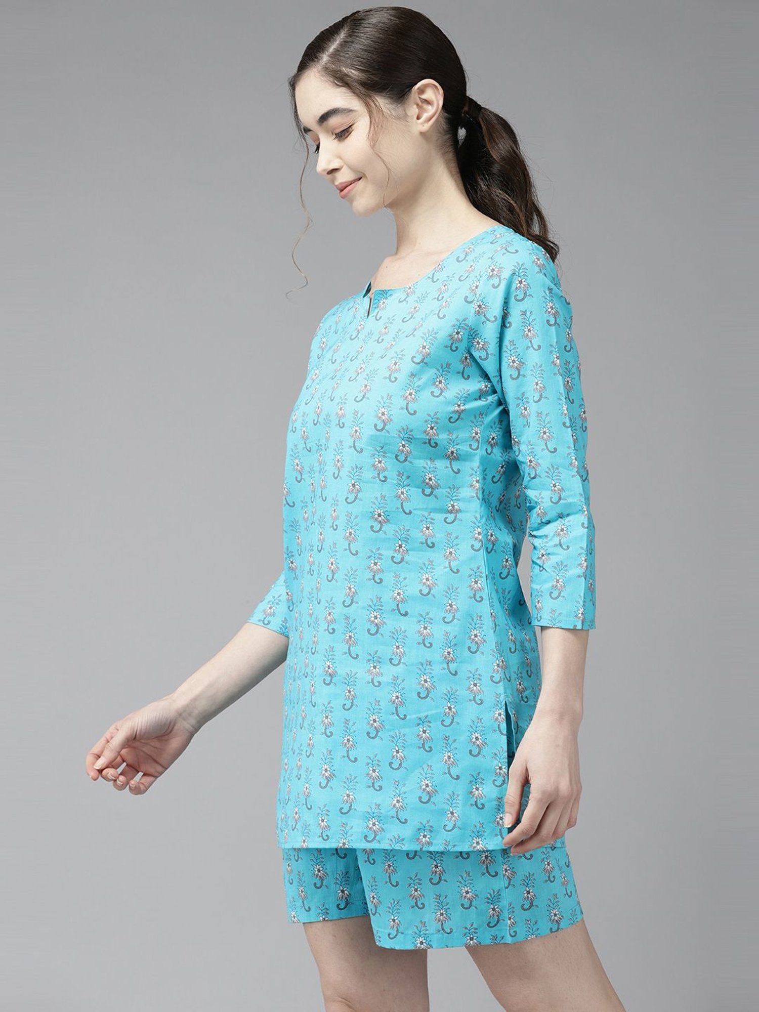 Prakrti Blue Cotton Printed Top Shorts Set