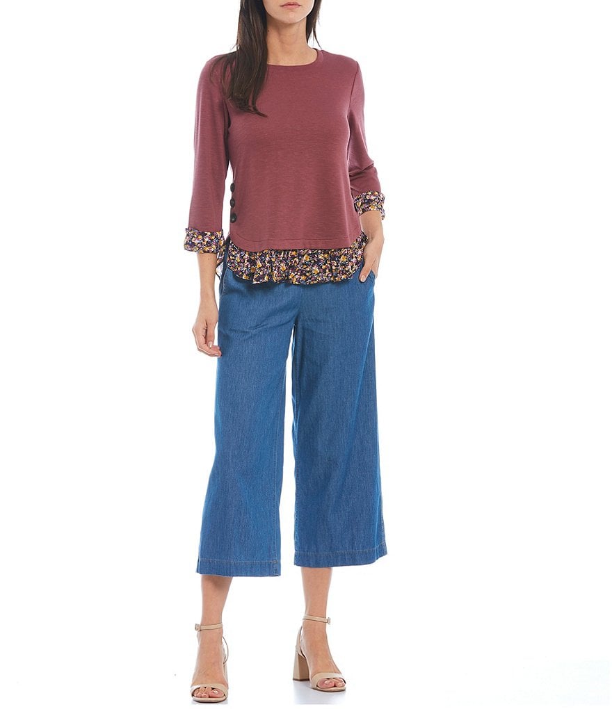 I.N. Studio Petite Size Hacci Knit Crew Neck 3/4 Sleeve Floral Print Trim Side Button Hem Detail Twofer Top