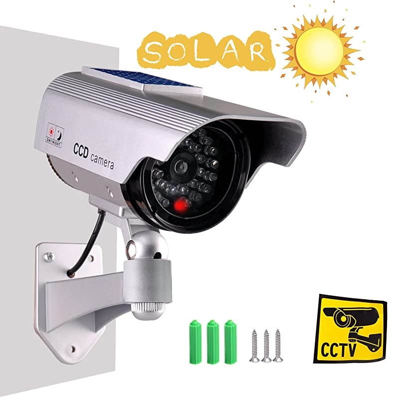 Dummy Fake Security Camera Solar Powered Fake Surveillance Camera with Flash LED Dummy Bullet Simulated CCTV CameraIndoor Outdoor Use Good for HomeOfficeShop Garage Silver Color