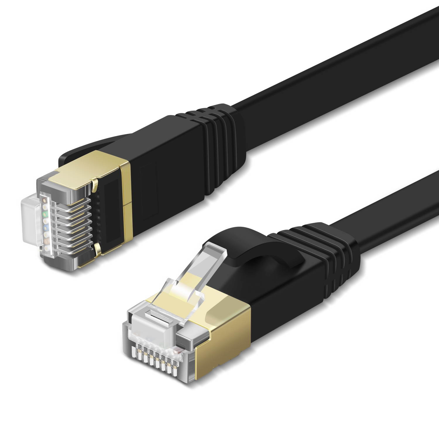 Cat7 Shielded Ethernet Flat Patch Network Cable 50 ft - 10Gbps 600Mhz High Performance with Snagless RJ45 Connectors Gold Plated Plug S/STP Wires Networking Cable Wiring Black