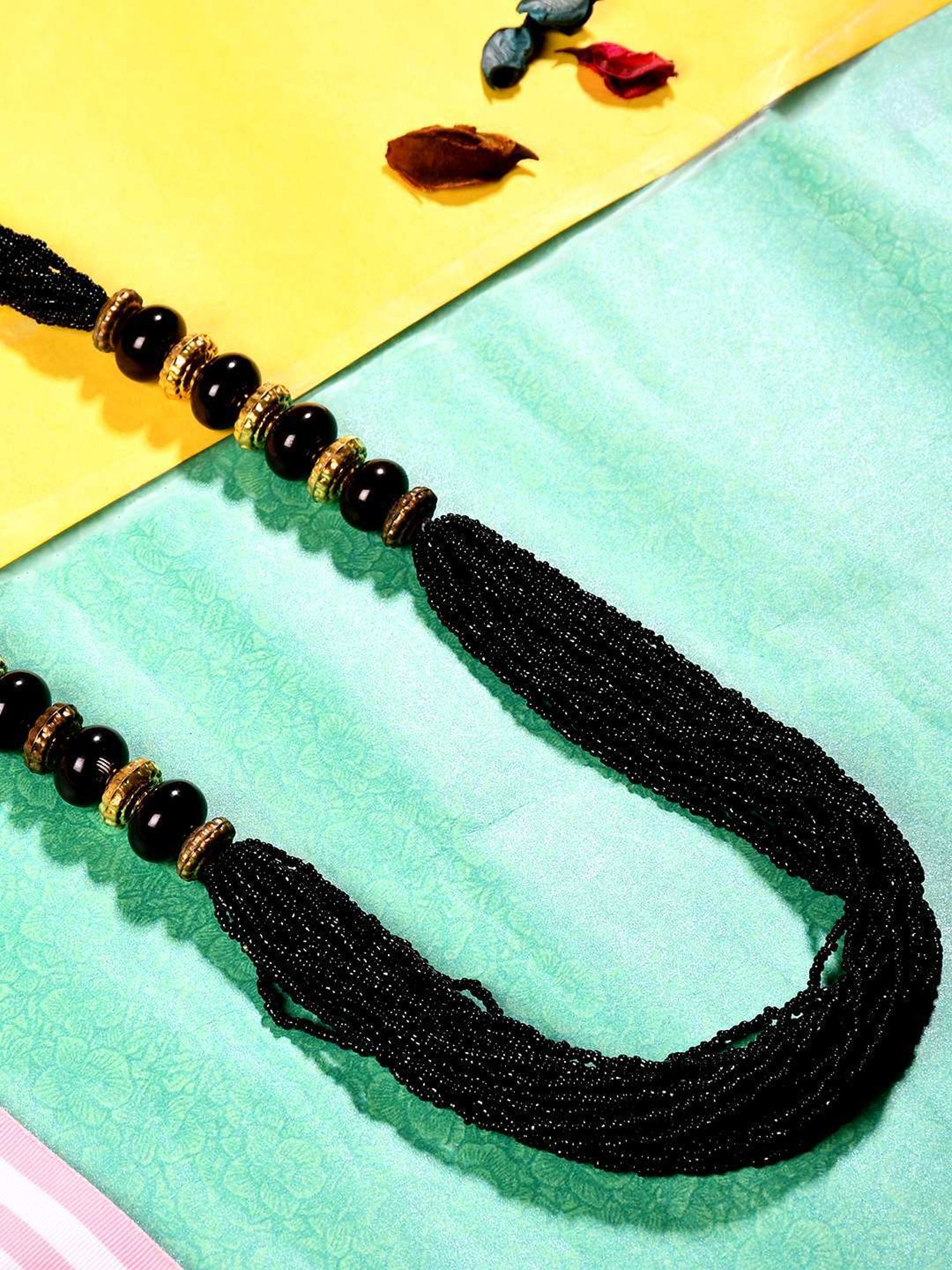 Imli Street Black Golden Long Beaded Handcrafted Necklace