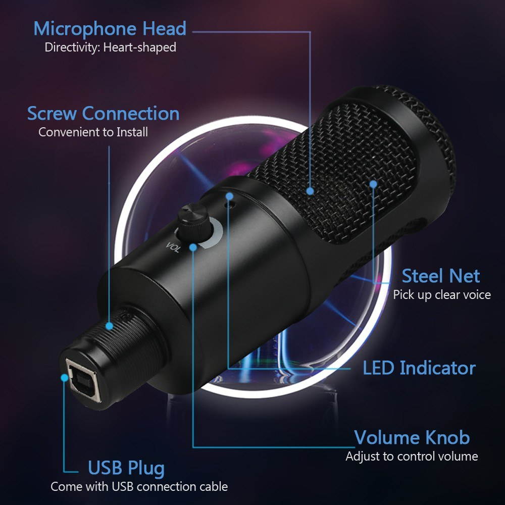 Condenser Microphone USB Microphone Karaoke Recording Broadcasting Podcasting with Clip Tripod Plug and Play for Laptop Desktop PC