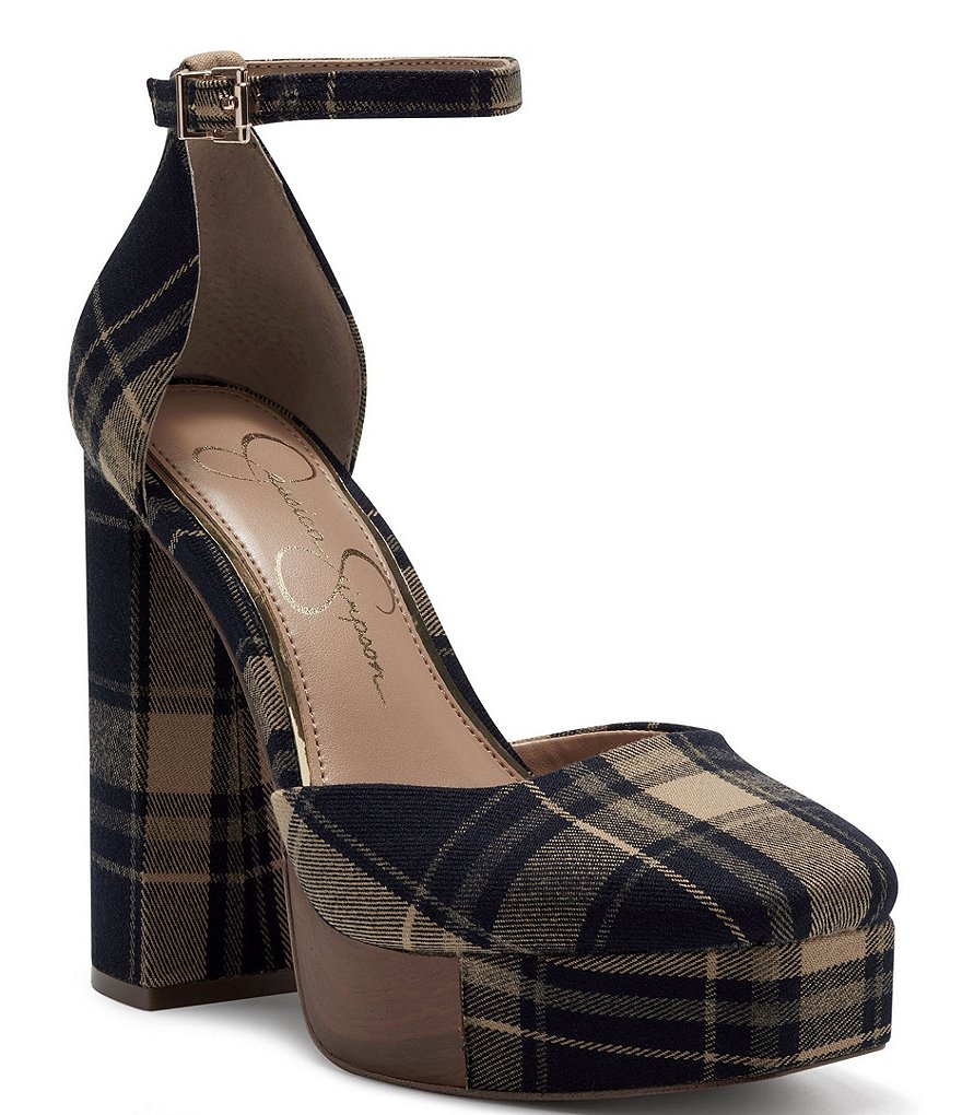 Jessica Simpson Kymmie Plaid Print Ankle Strap Platform Pumps