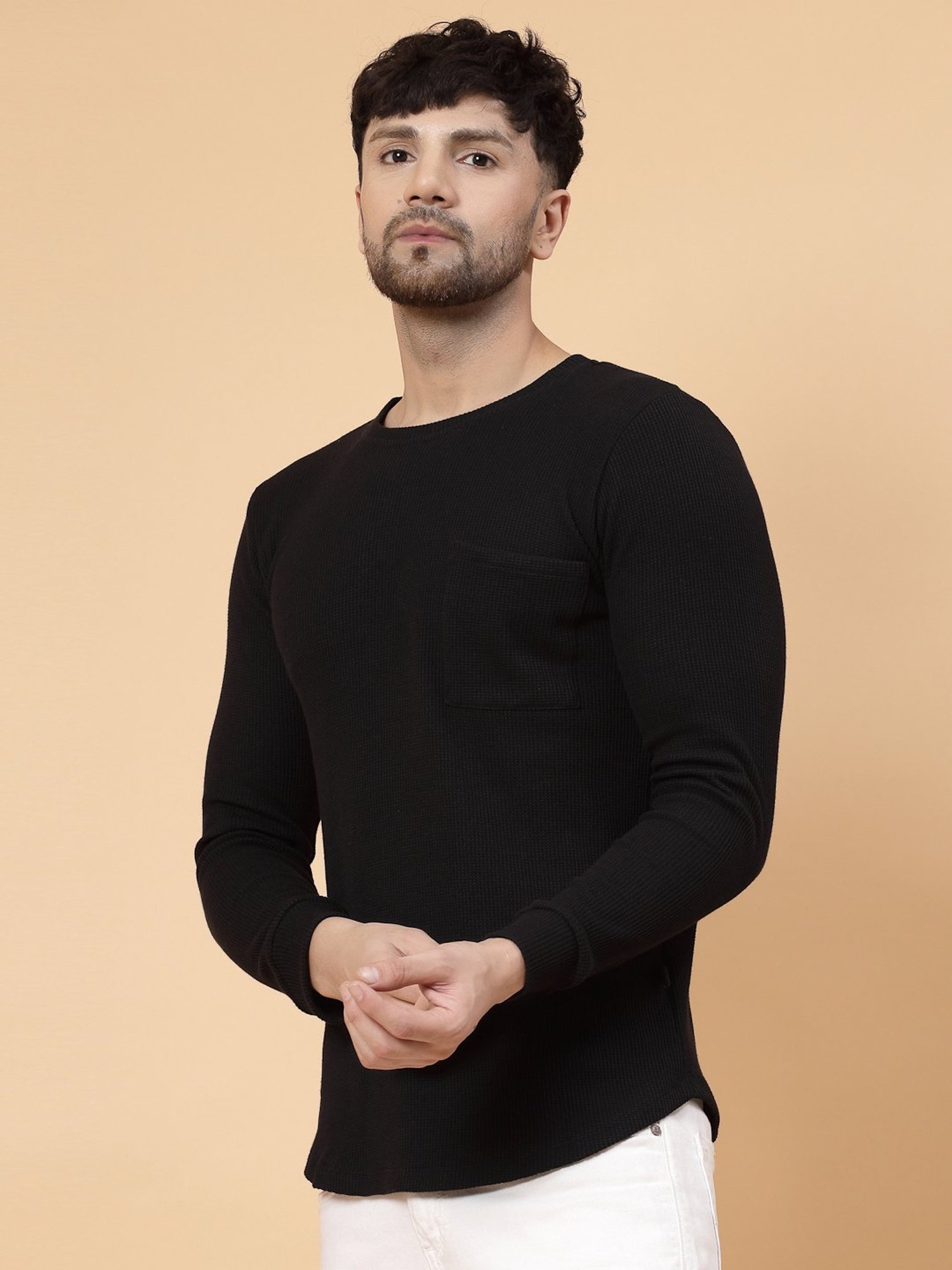 Rigo Black Regular Fit Textured Crew T-Shirt